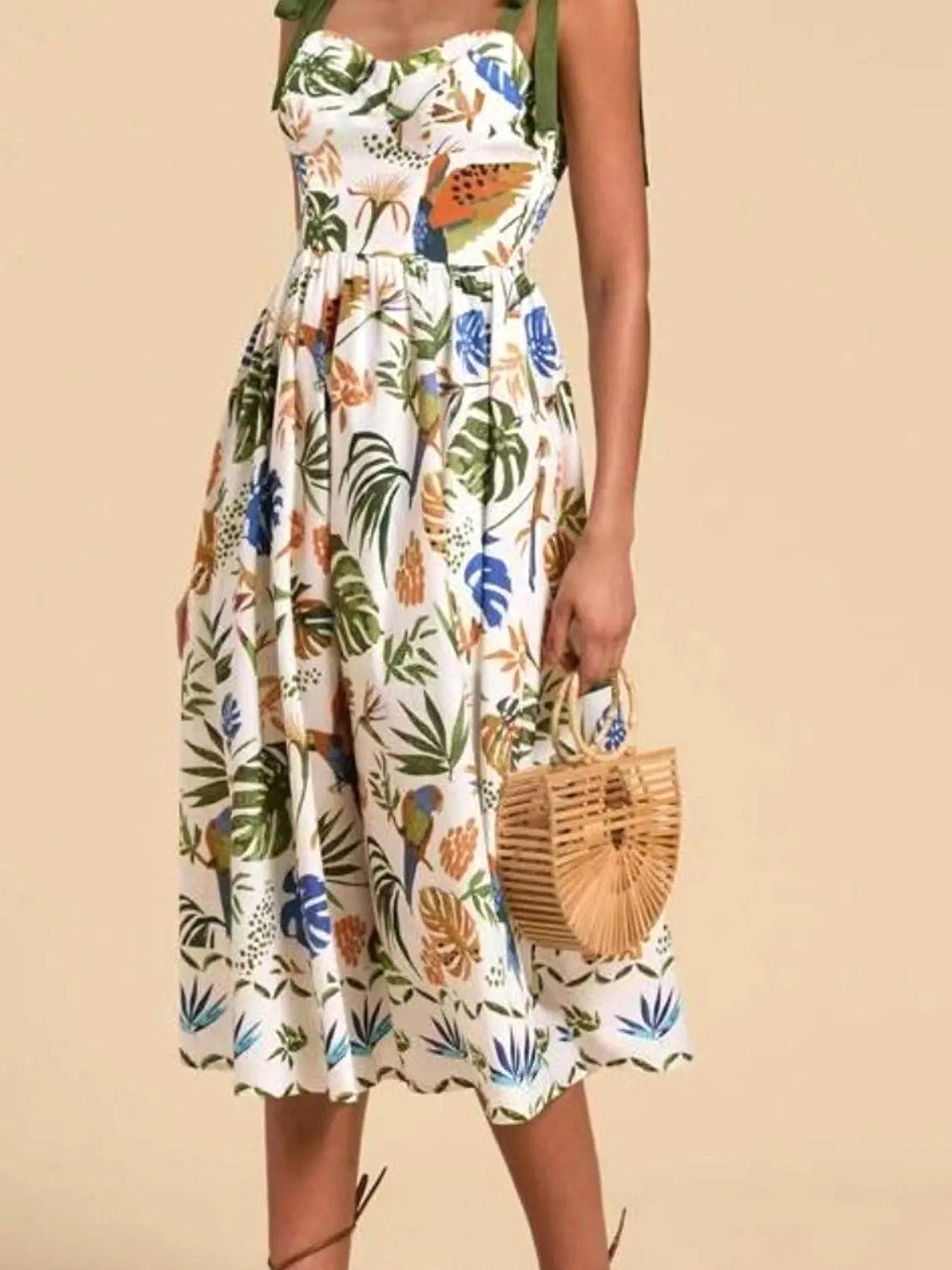 Tropical Print Tie-Shoulder Sweetheart Neck Midi Dress - enhanced image 12