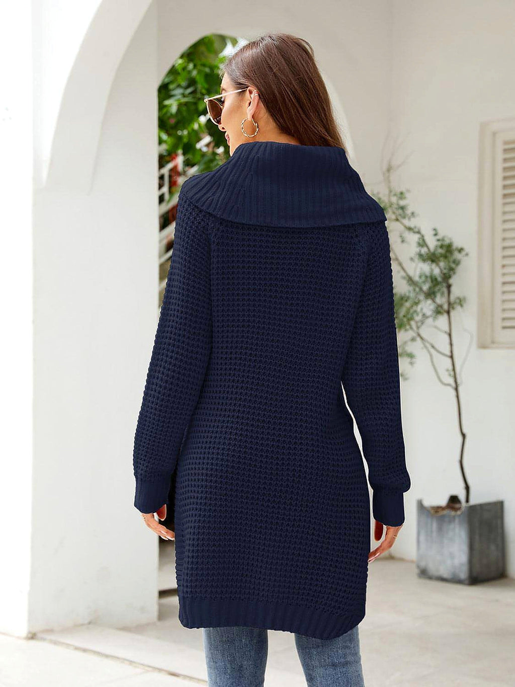 Turtleneck Waffle-Knit Slit Sweater Dress - enhanced image 12