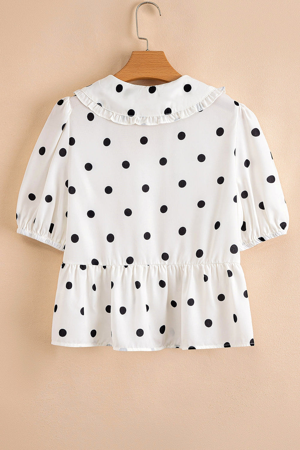 White Polka Dot Collared Lace up Font Puff Sleeve Peplum Top - enhanced image 12