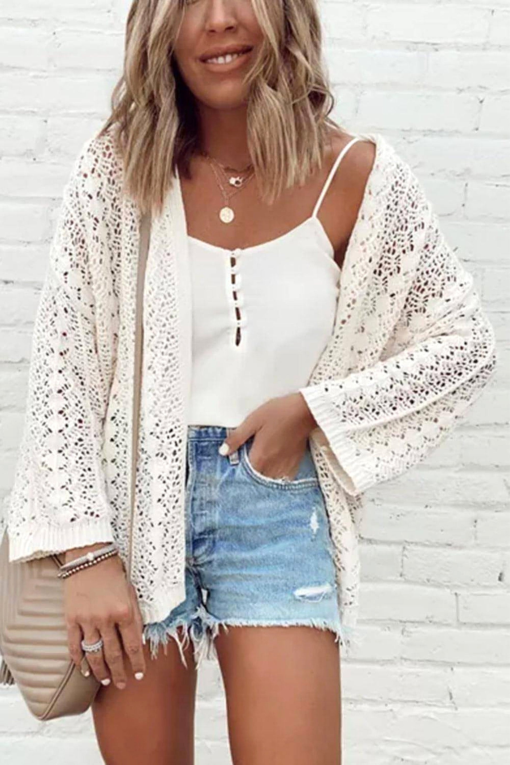 White Stylish Hollow Out Knit Drop Shoulder Cardigan - enhanced image 12