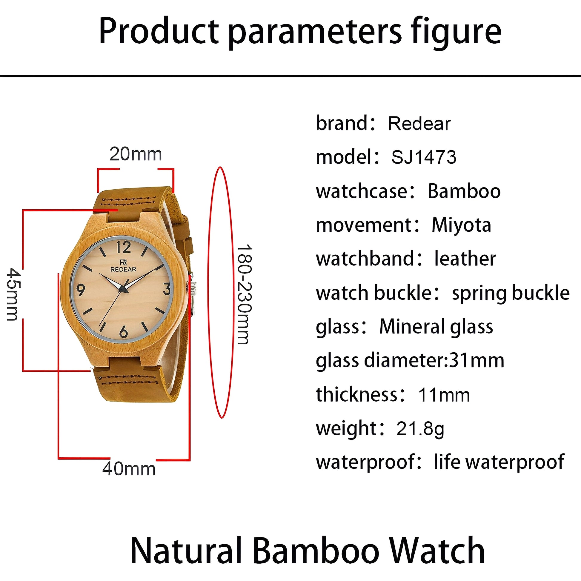 Engraved Bamboo Photo Watch Wooden Leather Strap 40mm - enhanced image 12
