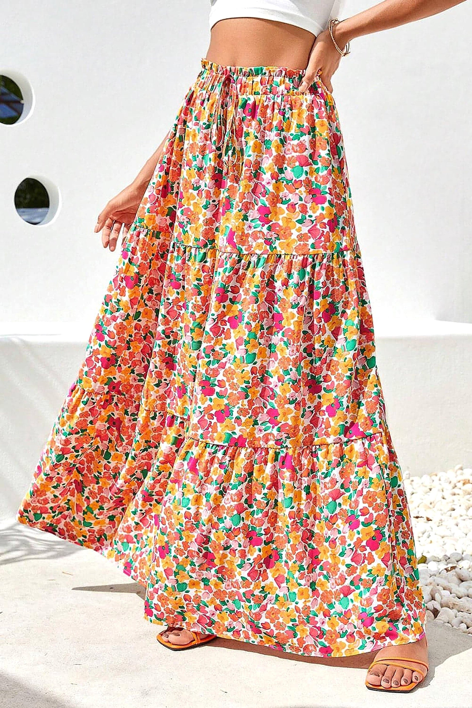 Yellow Boho Floral Print Tiered Long Skirt - enhanced image 12