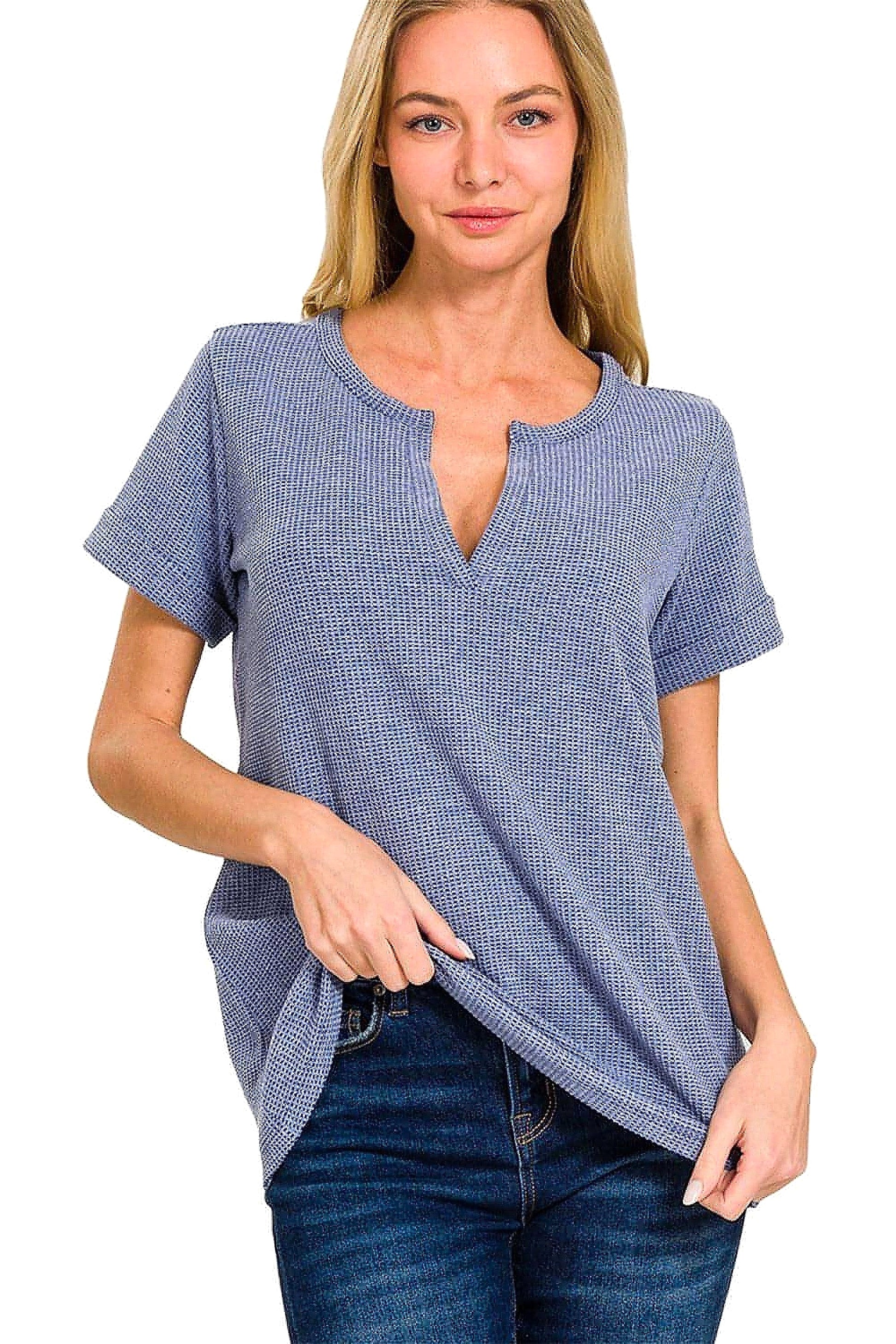 Zenana Notched Short Sleeve Waffle T-Shirt - enhanced image 12