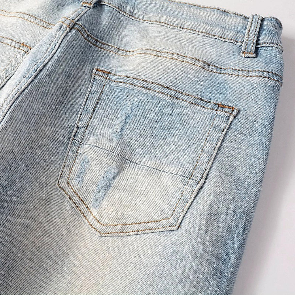 Baby Blue Wash Water Worn Patch Torn Jeans Male - enhanced image 13
