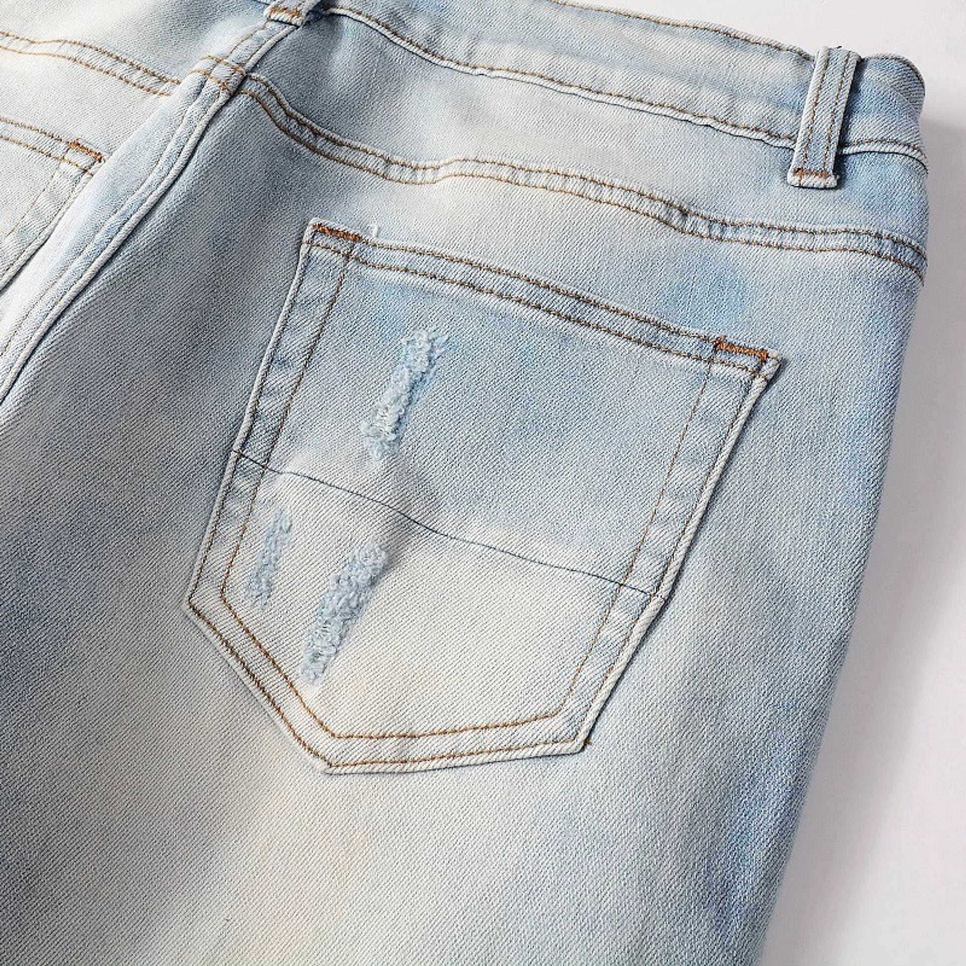 Baby Blue Wash Water Worn Patch Torn Jeans Male - enhanced image 13