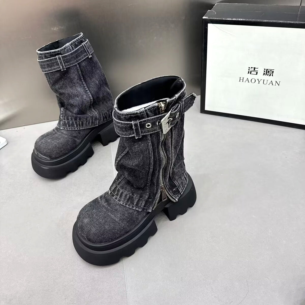 Boots Denim Fake Two Pieces Pile Style Boots Motorcycle Boots - enhanced image 13