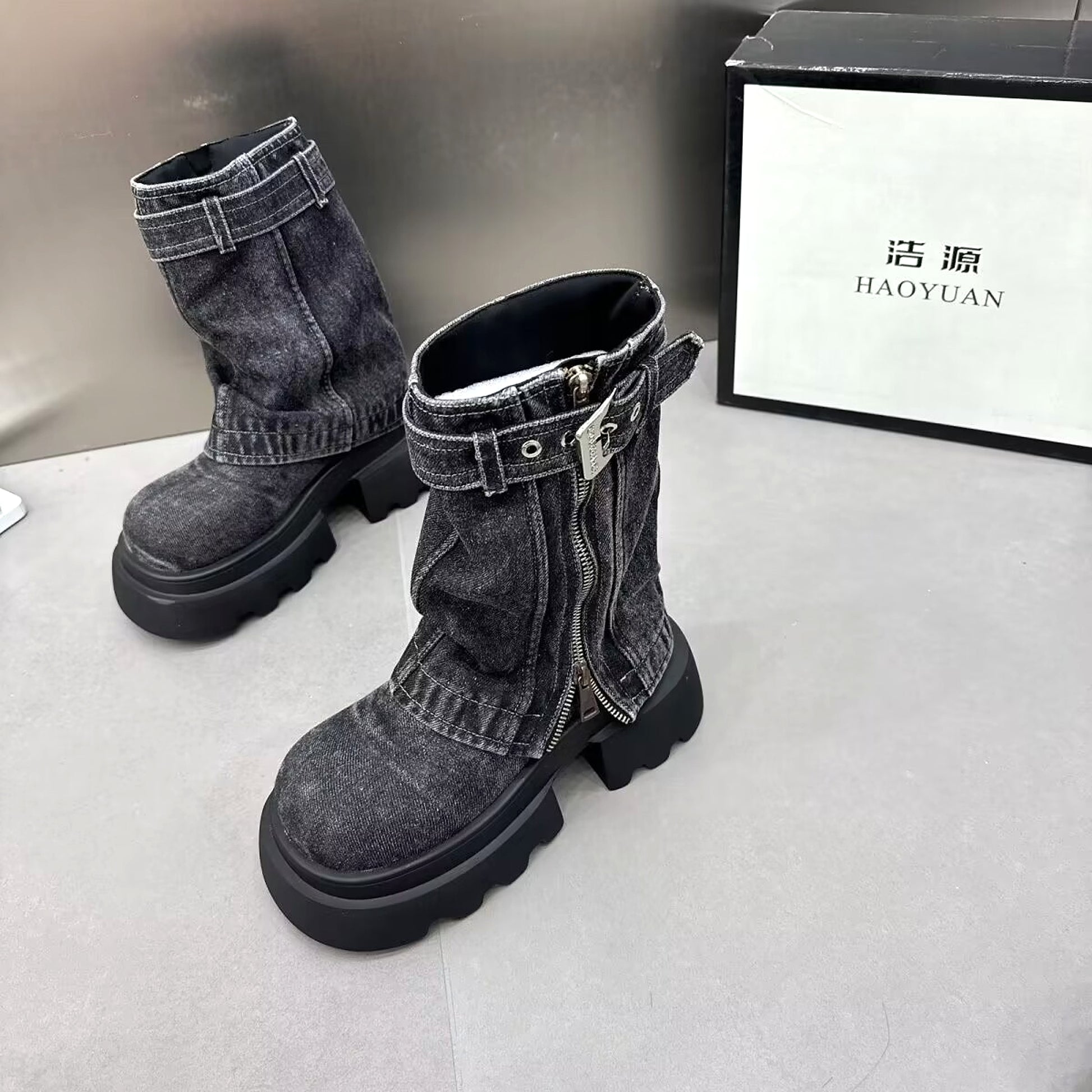 Boots Denim Fake Two Pieces Pile Style Boots Motorcycle Boots - enhanced image 13
