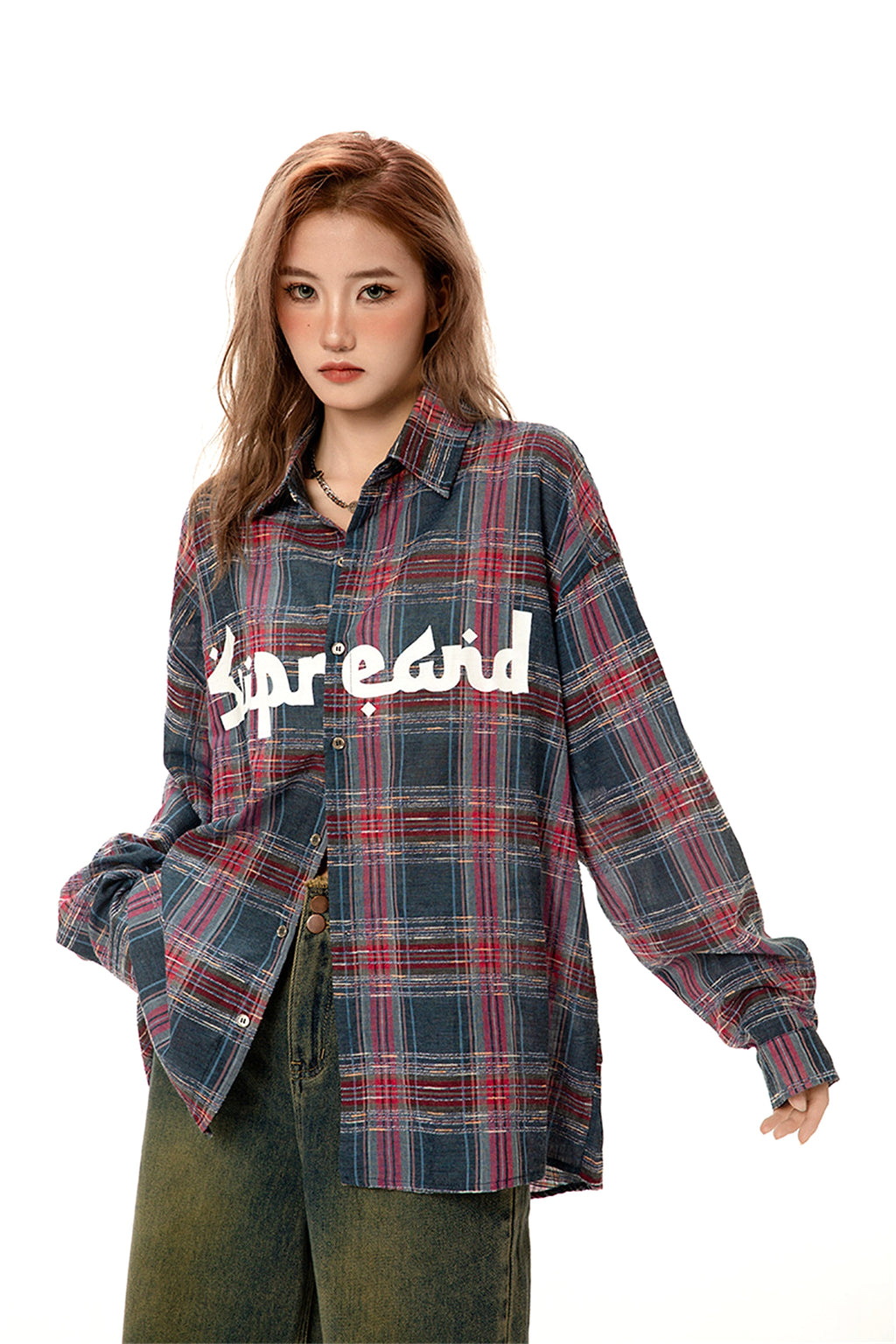 Color-contrast Check Letter Printed Long Sleeve DressShirt - enhanced image 13