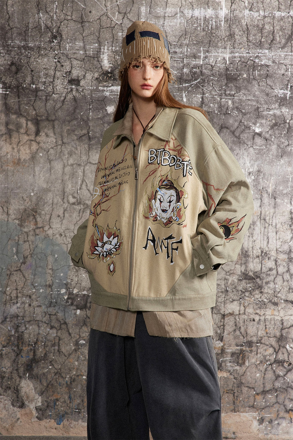 Cultural Graffiti Oil Painting Patterned Denim Jacket Men - enhanced image 13