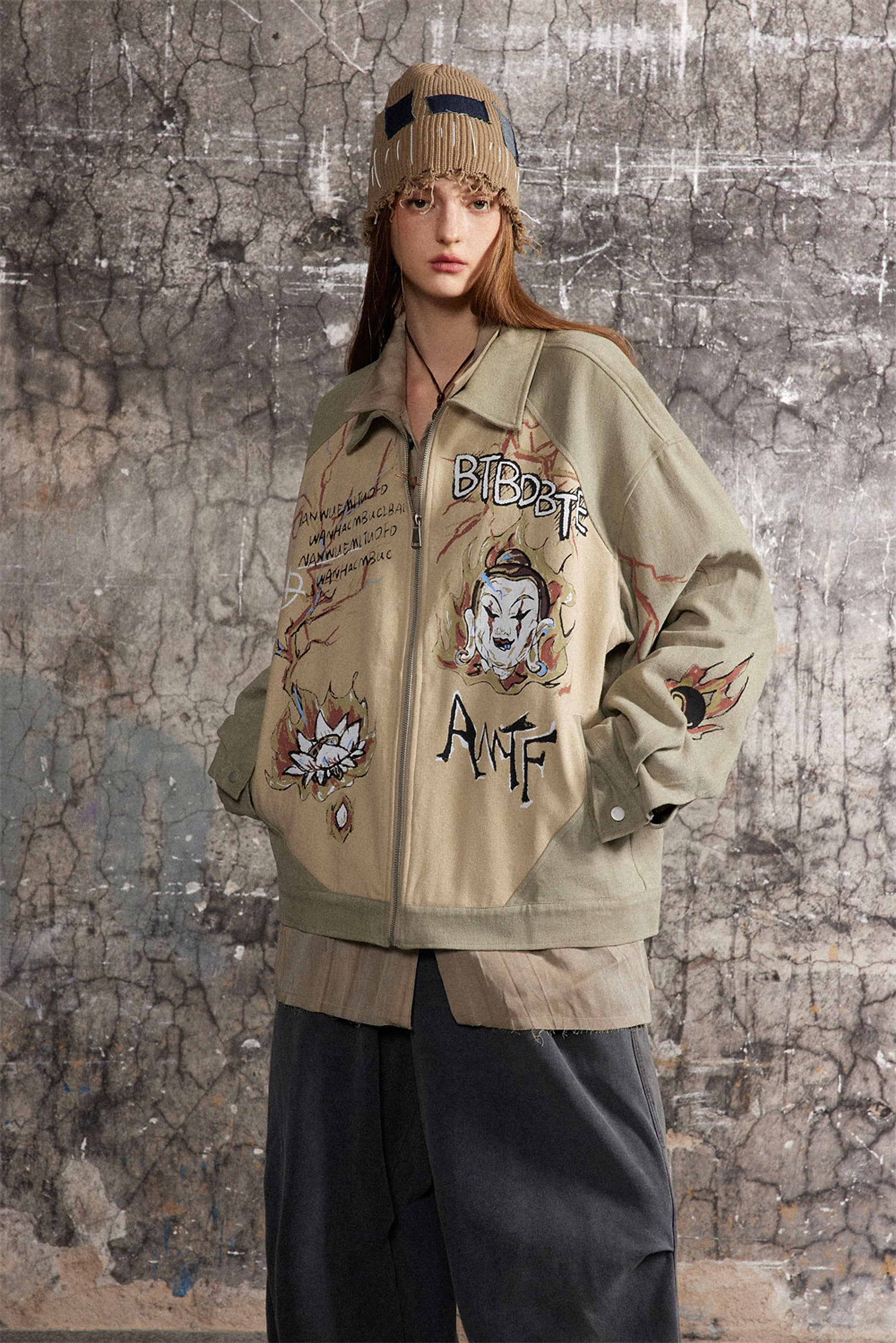 Cultural Graffiti Oil Painting Patterned Denim Jacket Men - enhanced image 13