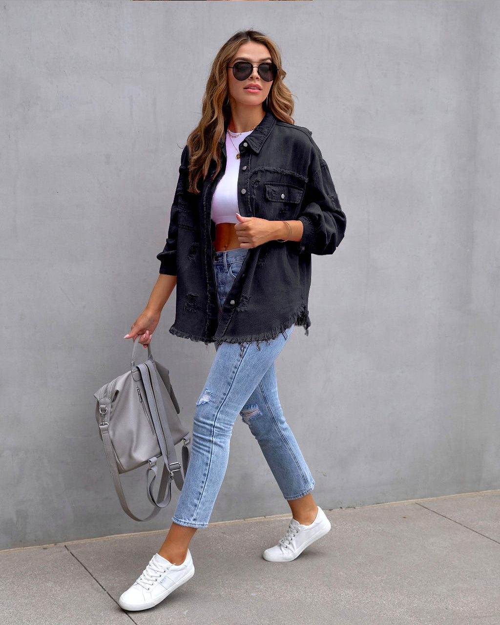 Fashion Ripped Shirt Jacket Female Autumn And Spring Casual Tops Womens Clothing - enhanced image 13
