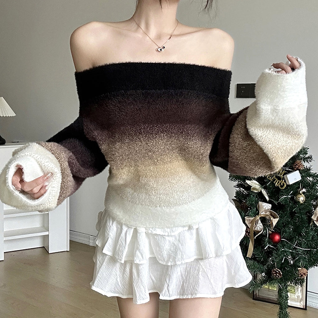 Gradient Off-neck Long-sleeved Woolen Top Women Sweater - enhanced image 13
