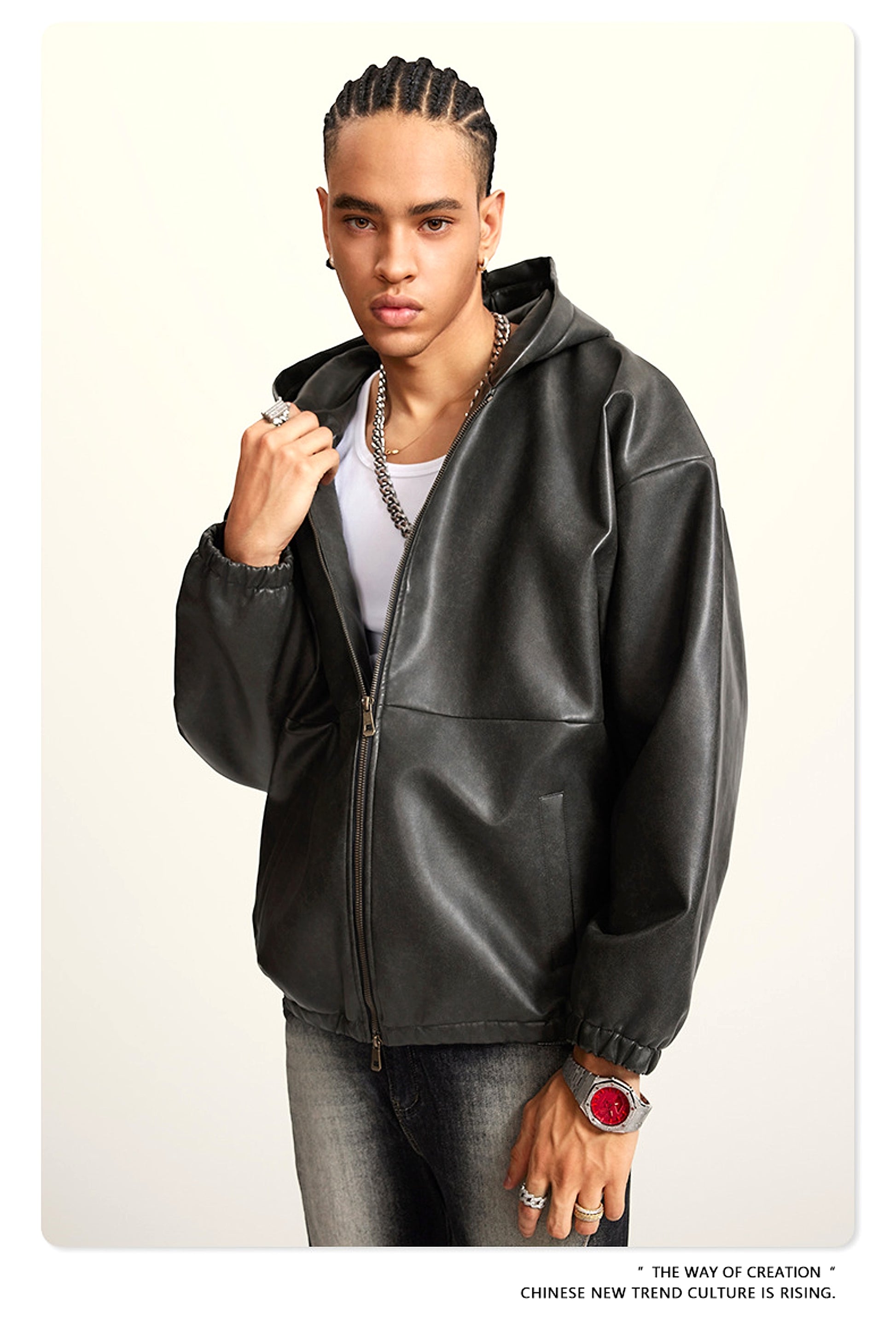 Heavy American Retro Fashion Brand Leather Coat Jacket Ment - enhanced image 13