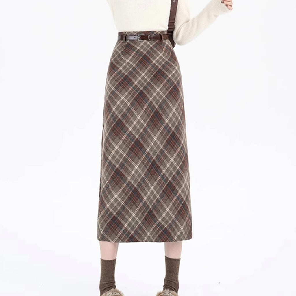 High Waist Mid-length Woolen Plaid Skirt For Women - enhanced image 13