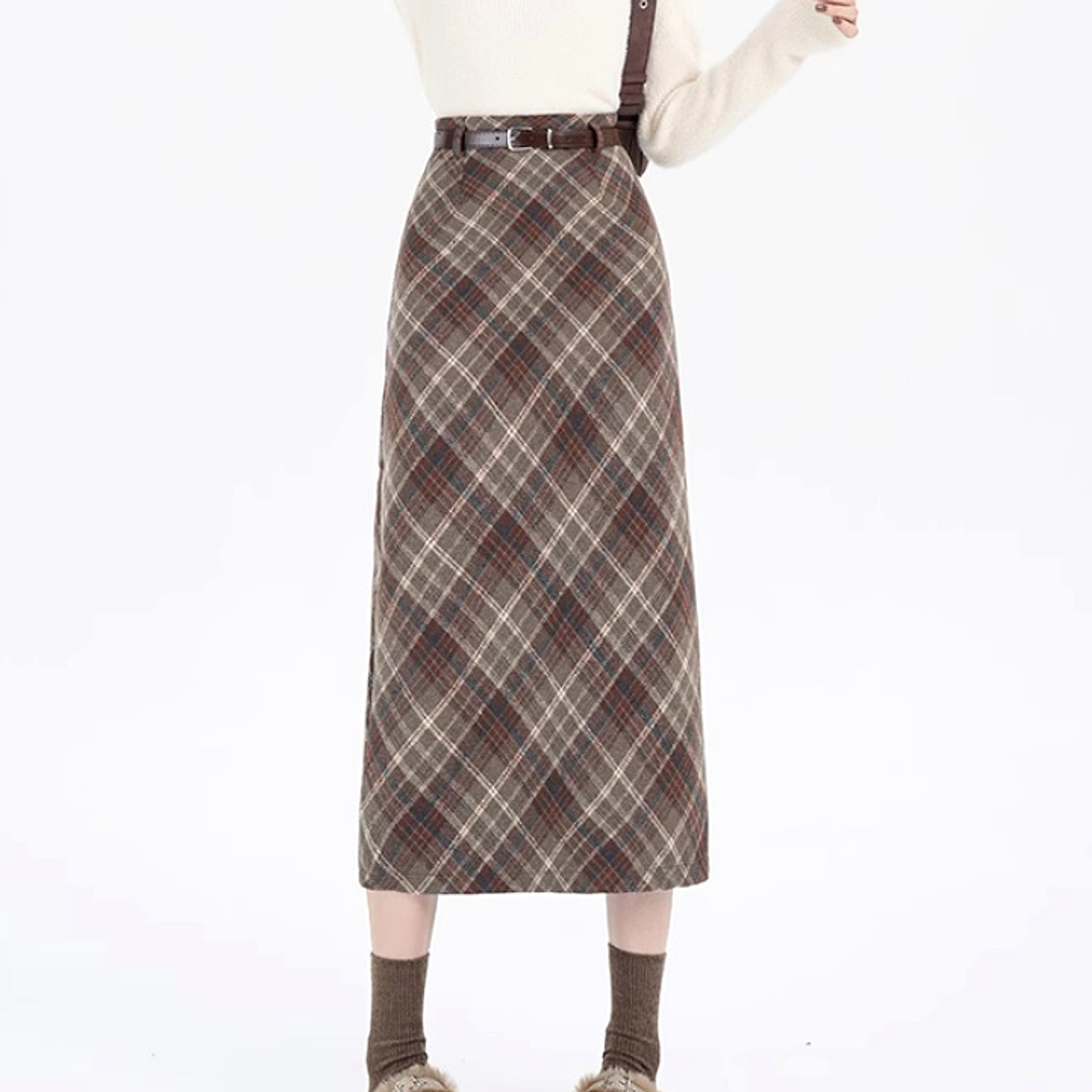 High Waist Mid-length Woolen Plaid Skirt For Women - enhanced image 13