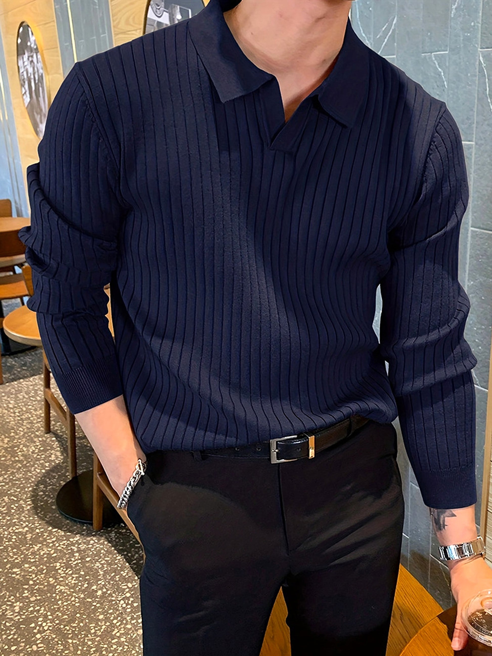 Lapel Texture Stretch Slim Knit Polo T-Shirt Men - enhanced image 13
