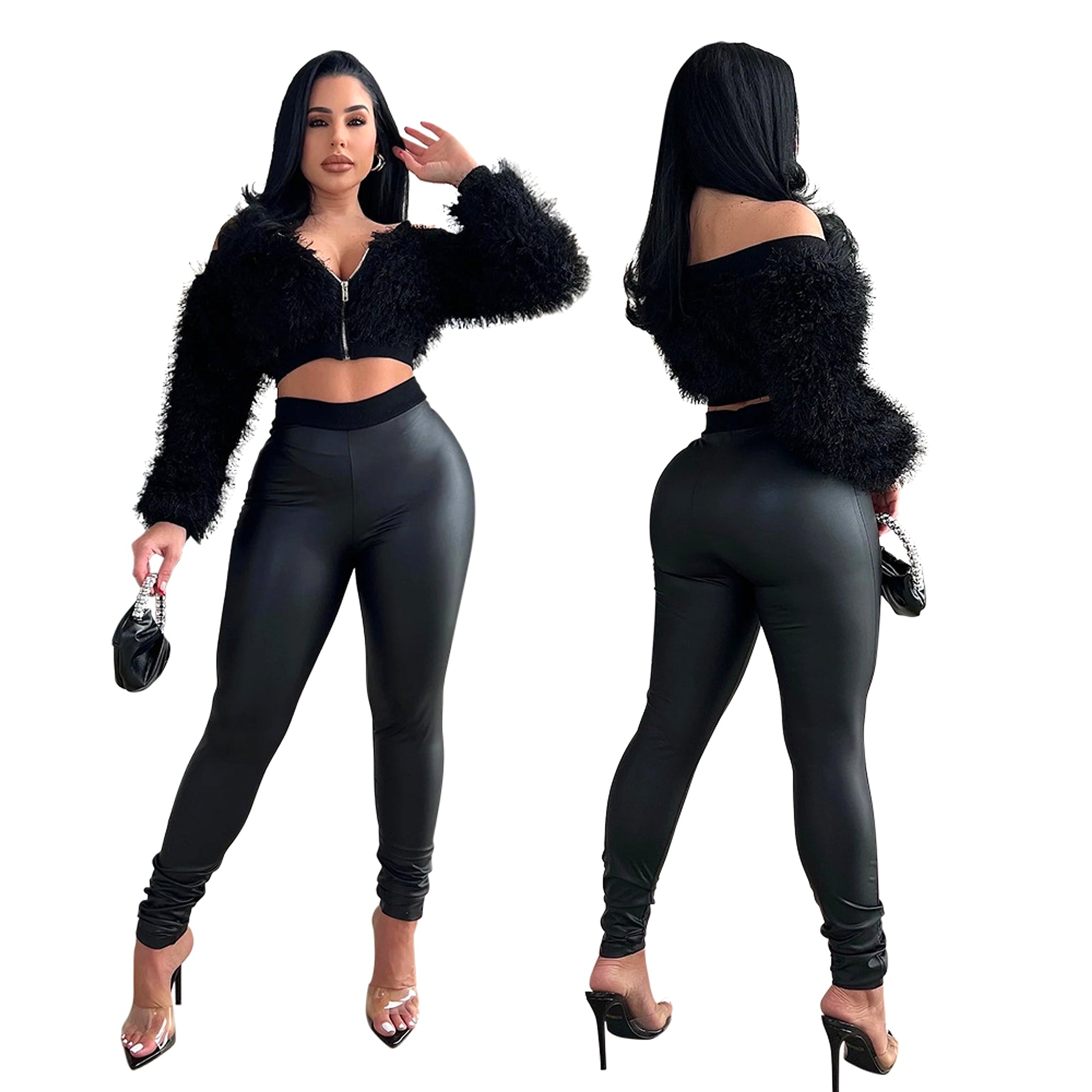 Long Sleeve Furry Short Top With Slim Trousers Two-piece Set For Women - enhanced image 13