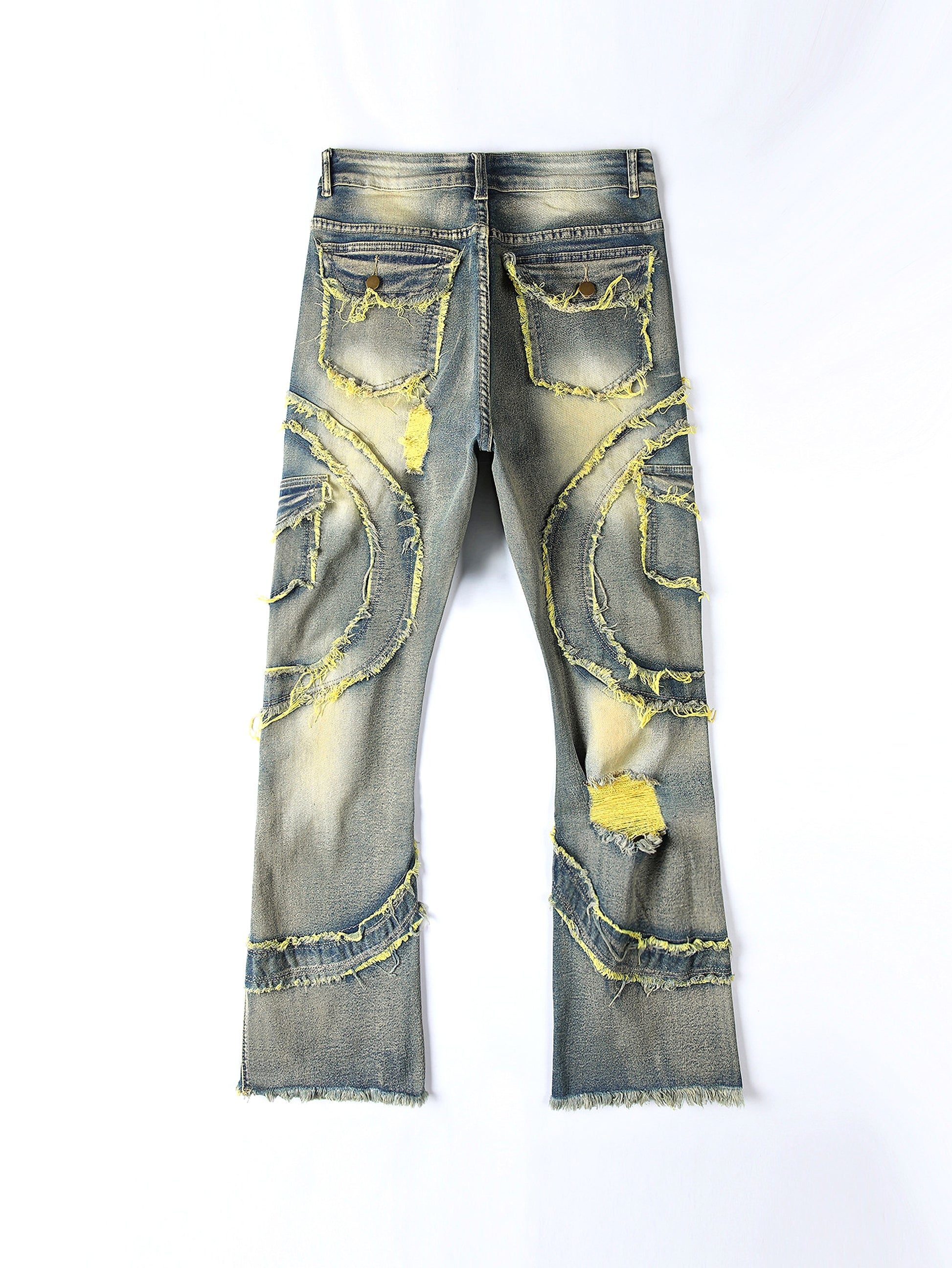 Men's Patchwork Fringe Slightly Flared Stretch Jeans - enhanced image 13