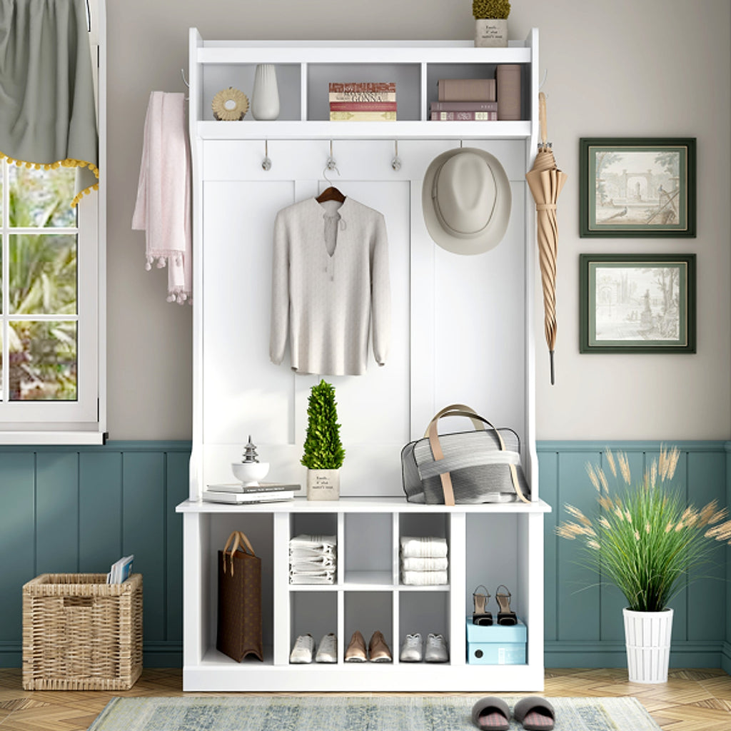 LuneluX_Home – Modern Farmhouse Hall Tree with Storage Bench & Hooks (White) - enhanced image 13