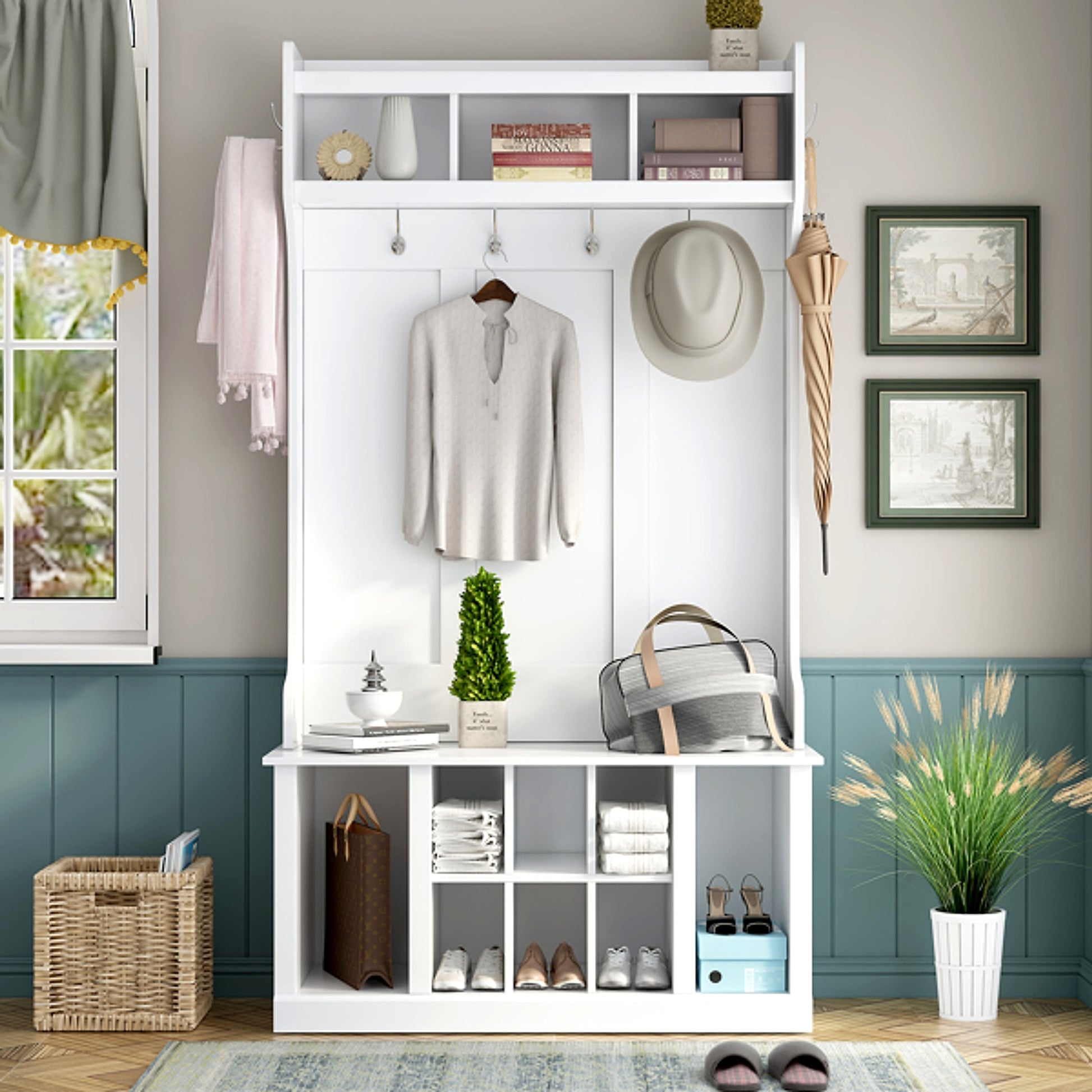 LuneluX_Home – Modern Farmhouse Hall Tree with Storage Bench & Hooks (White) - enhanced image 13