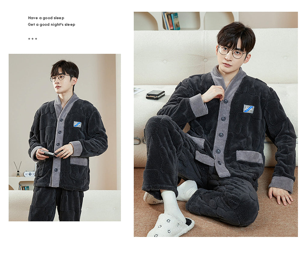Pajamas Men's Jacquard Flannel Loose Fleece-lined Warm Loungewear - enhanced image 13