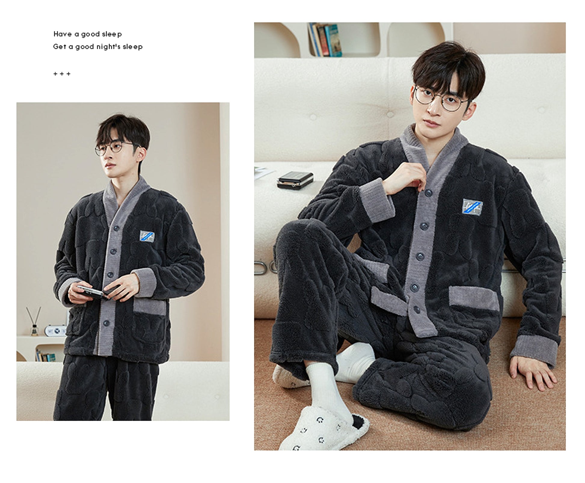 Pajamas Men's Jacquard Flannel Loose Fleece-lined Warm Loungewear - enhanced image 13