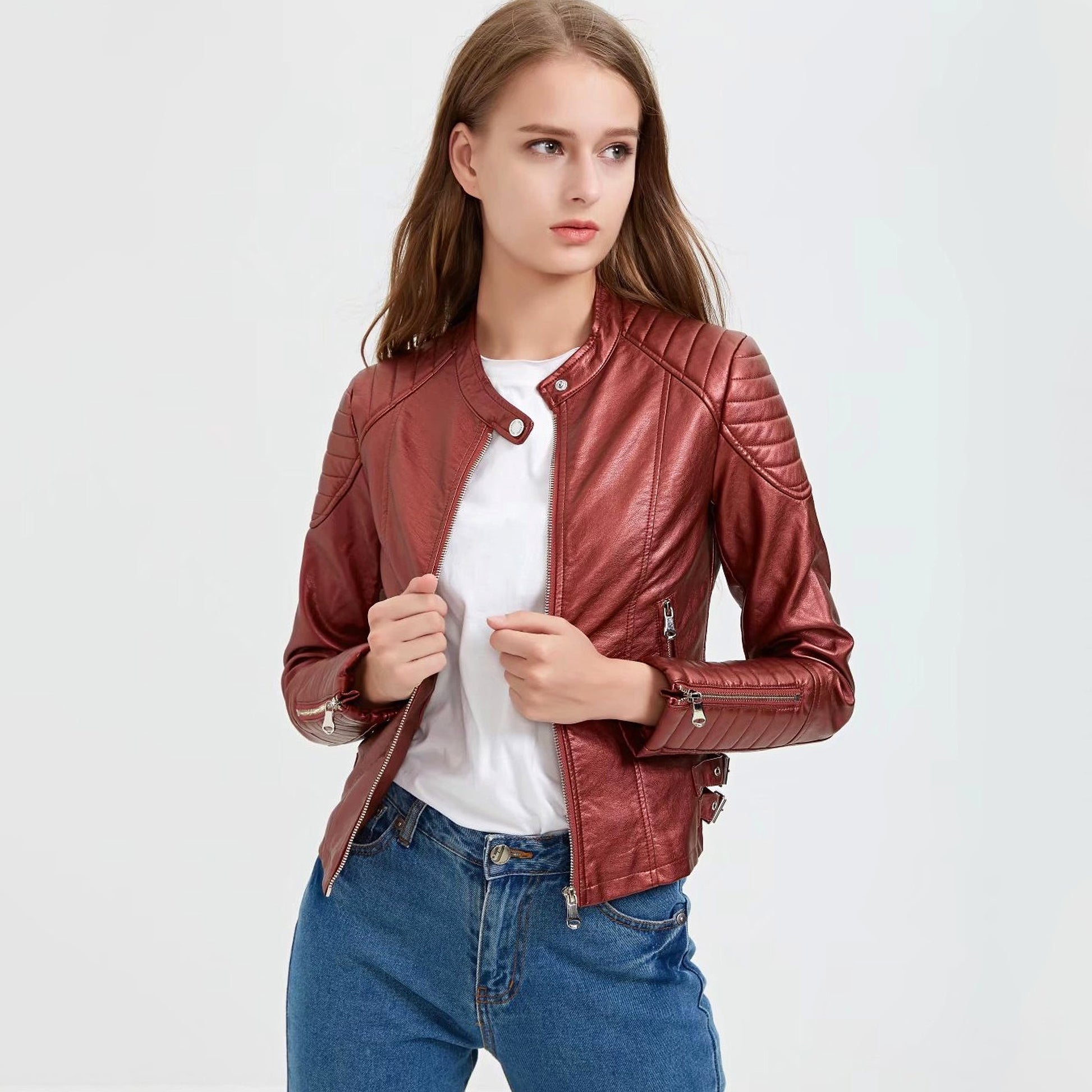 Standing Collar Motorcycle Pu Slim Leather Jacket Women Short - enhanced image 13
