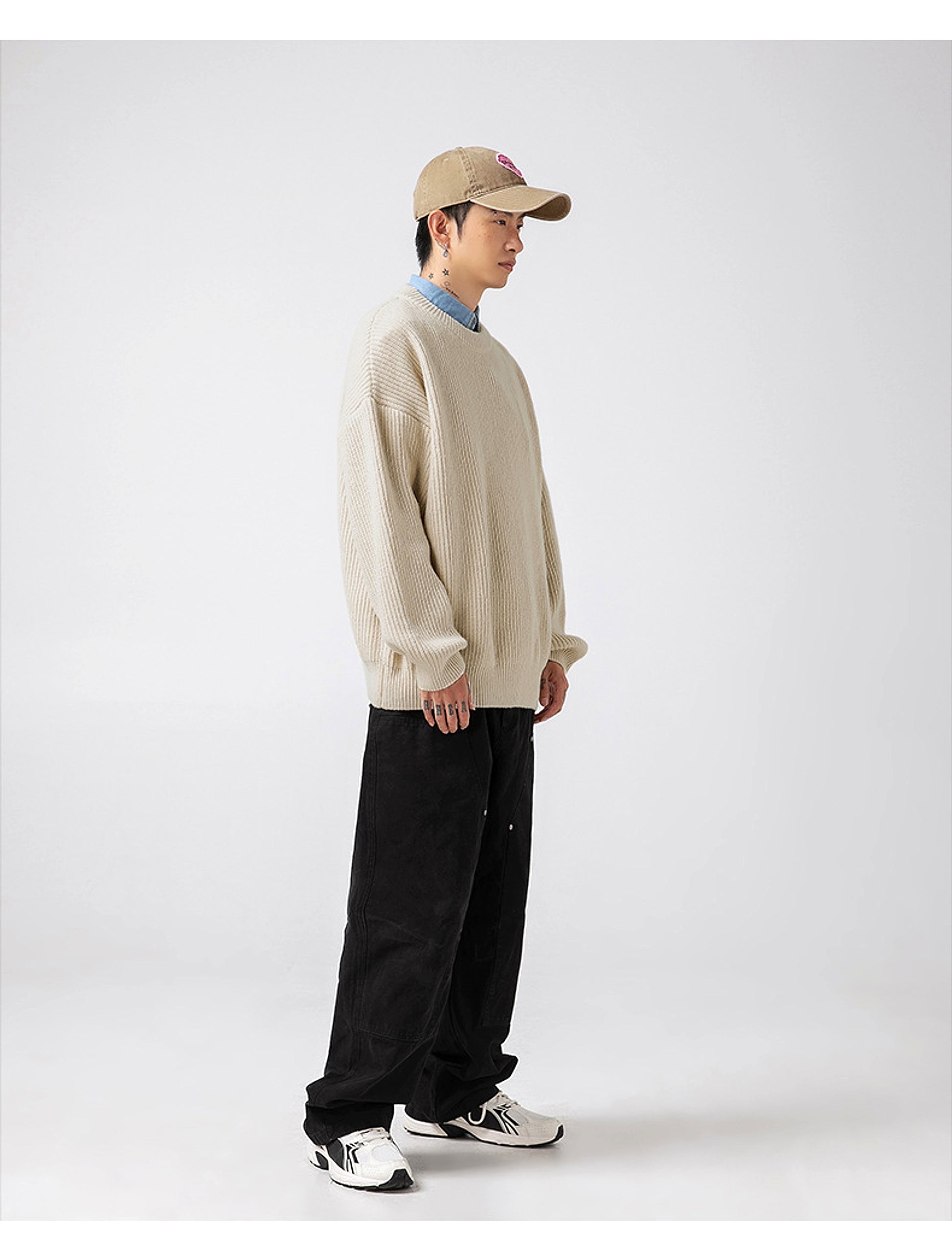 Thick Needle Sunken Stripe Texture Sweater Men's Autumn And Winter Solid Color Coat - enhanced image 13