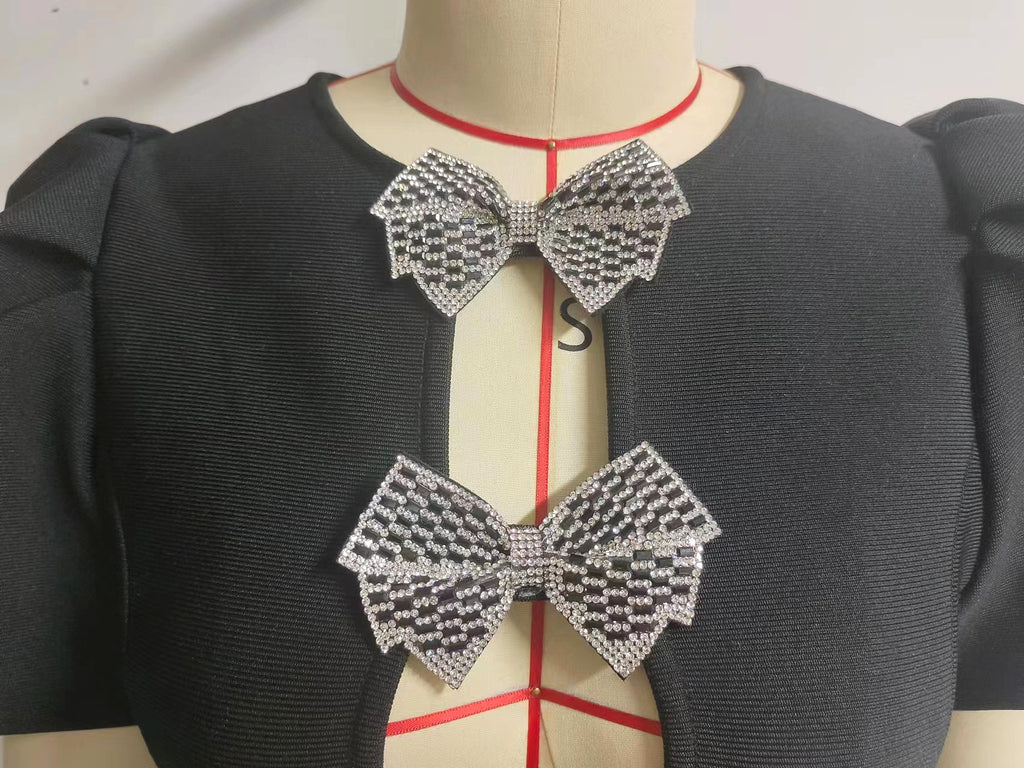 A1. Tube Top Three Bowknot Connection Hollowed Fashion Puff Sleeve Sheath Bandage One-piece Dress - enhanced image 13