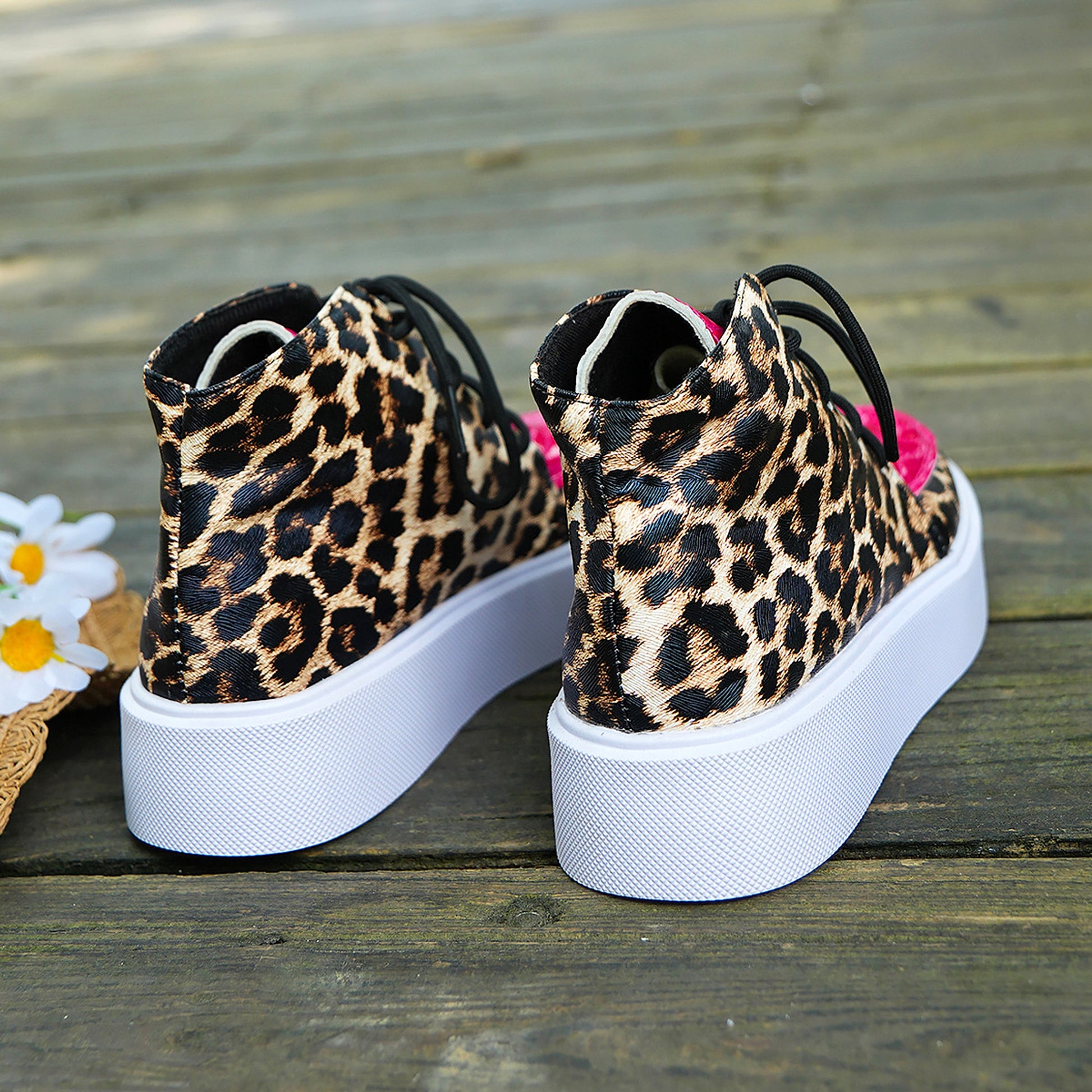 Autumn New High-top Leopard Print Flat-heeled Platform Lace Color Block Casual Women's Shoes - enhanced image 14