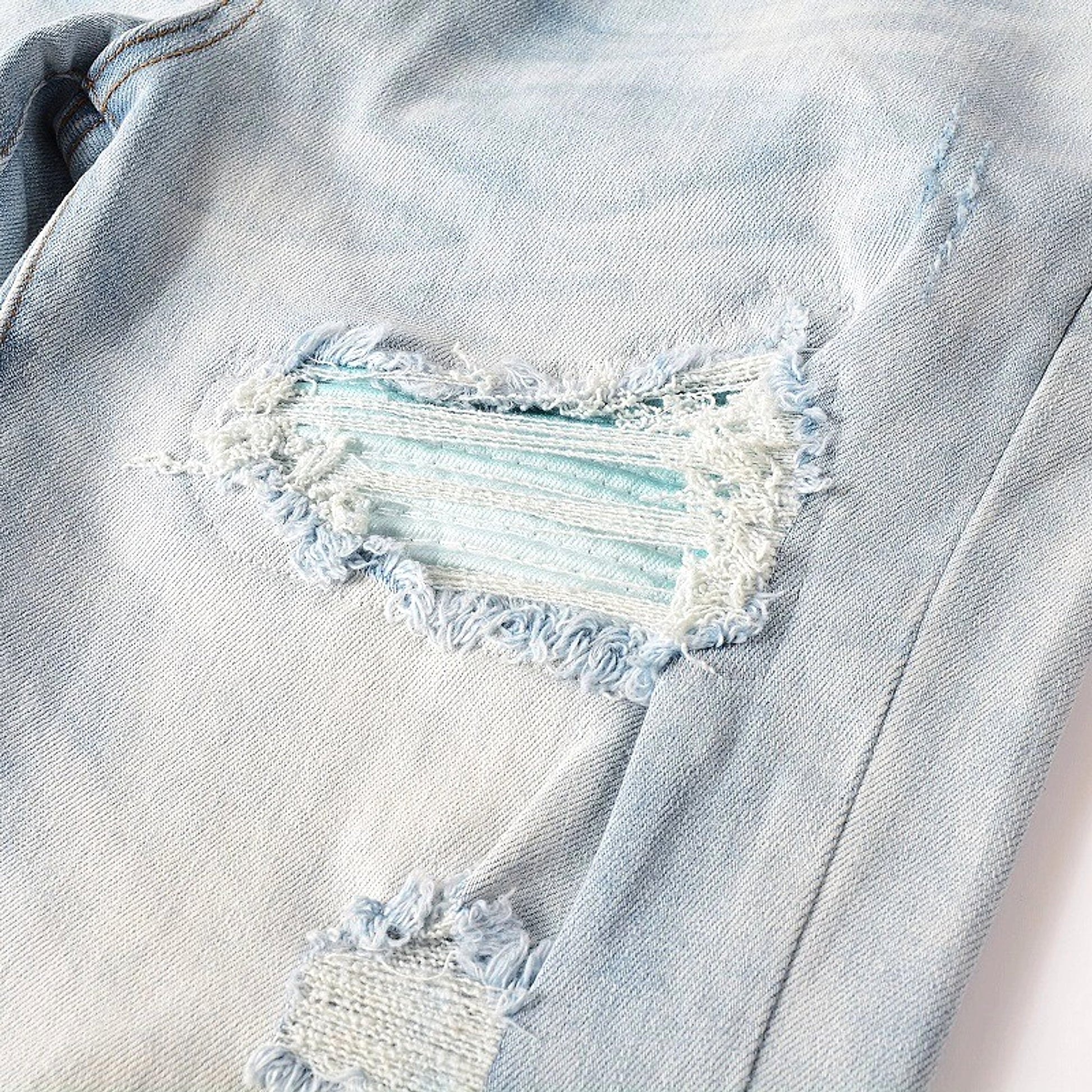 Baby Blue Wash Water Worn Patch Torn Jeans Male - enhanced image 14