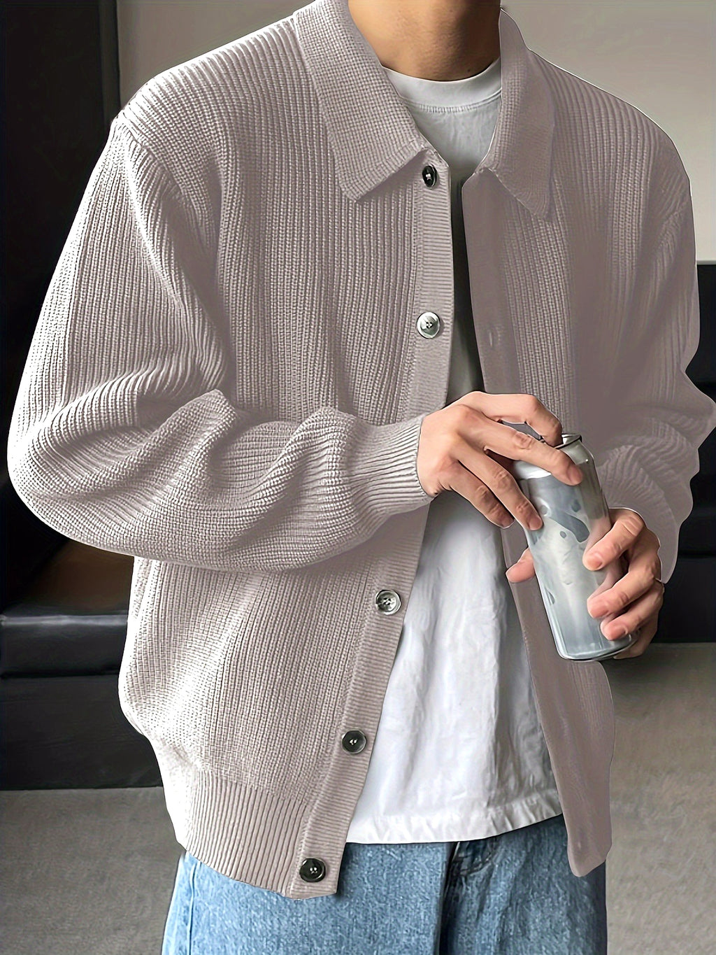 Fashion Solid Color Simple Men's Knitwear Cardigan Sweater Coat - enhanced image 14