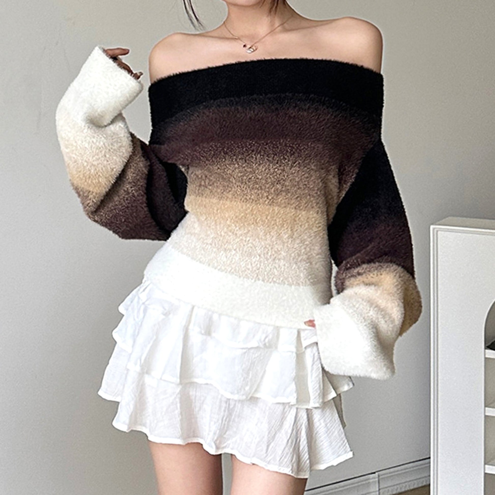 Gradient Off-neck Long-sleeved Woolen Top Women Sweater - enhanced image 14