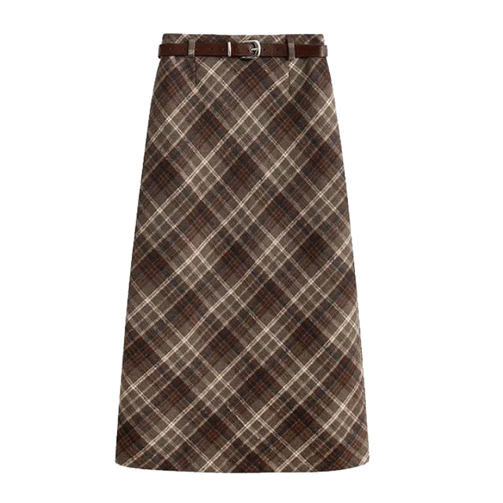 High Waist Mid-length Woolen Plaid Skirt For Women - enhanced image 14