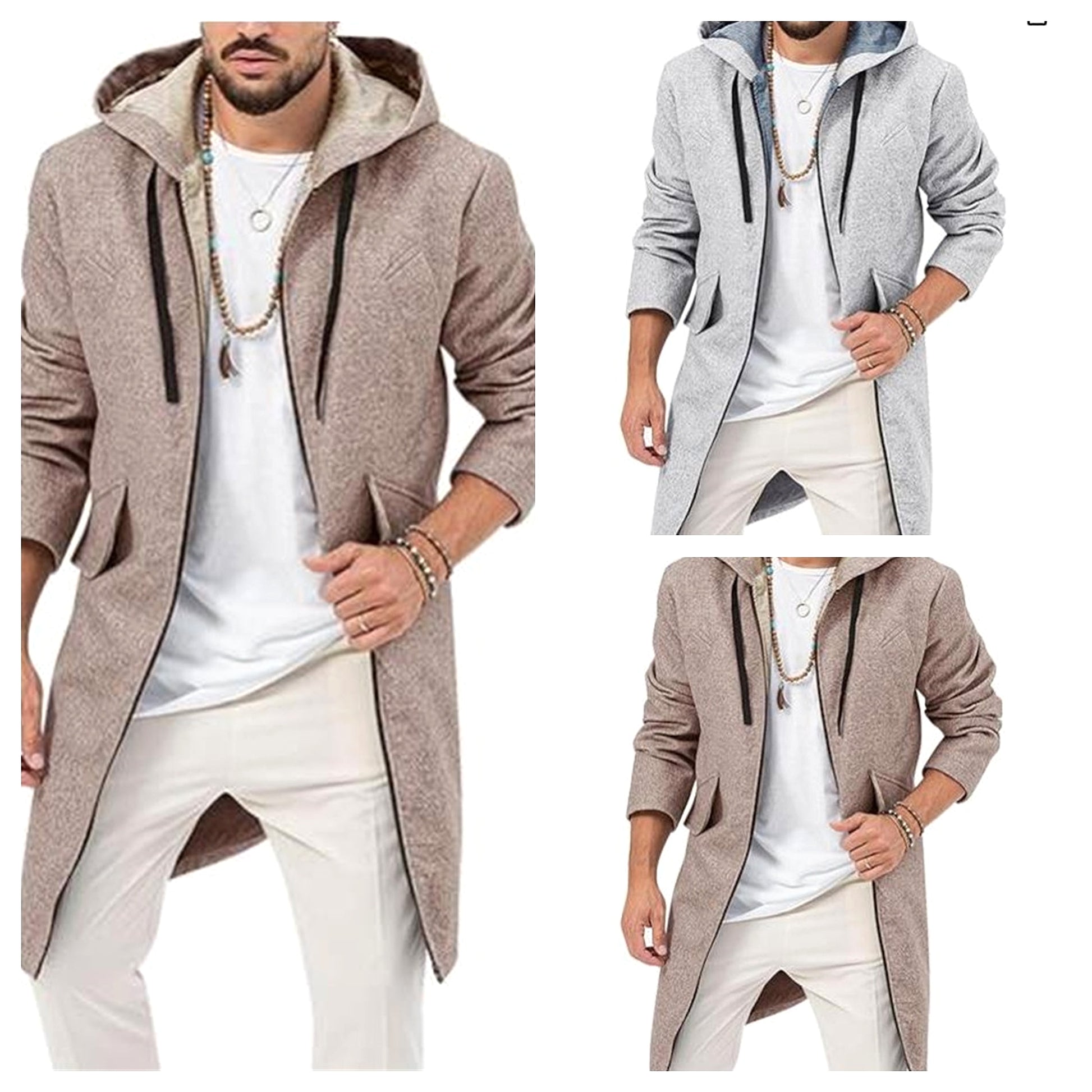 Hooded Jacket Single Zipper Cardigan Woolen Men's Coat - enhanced image 14
