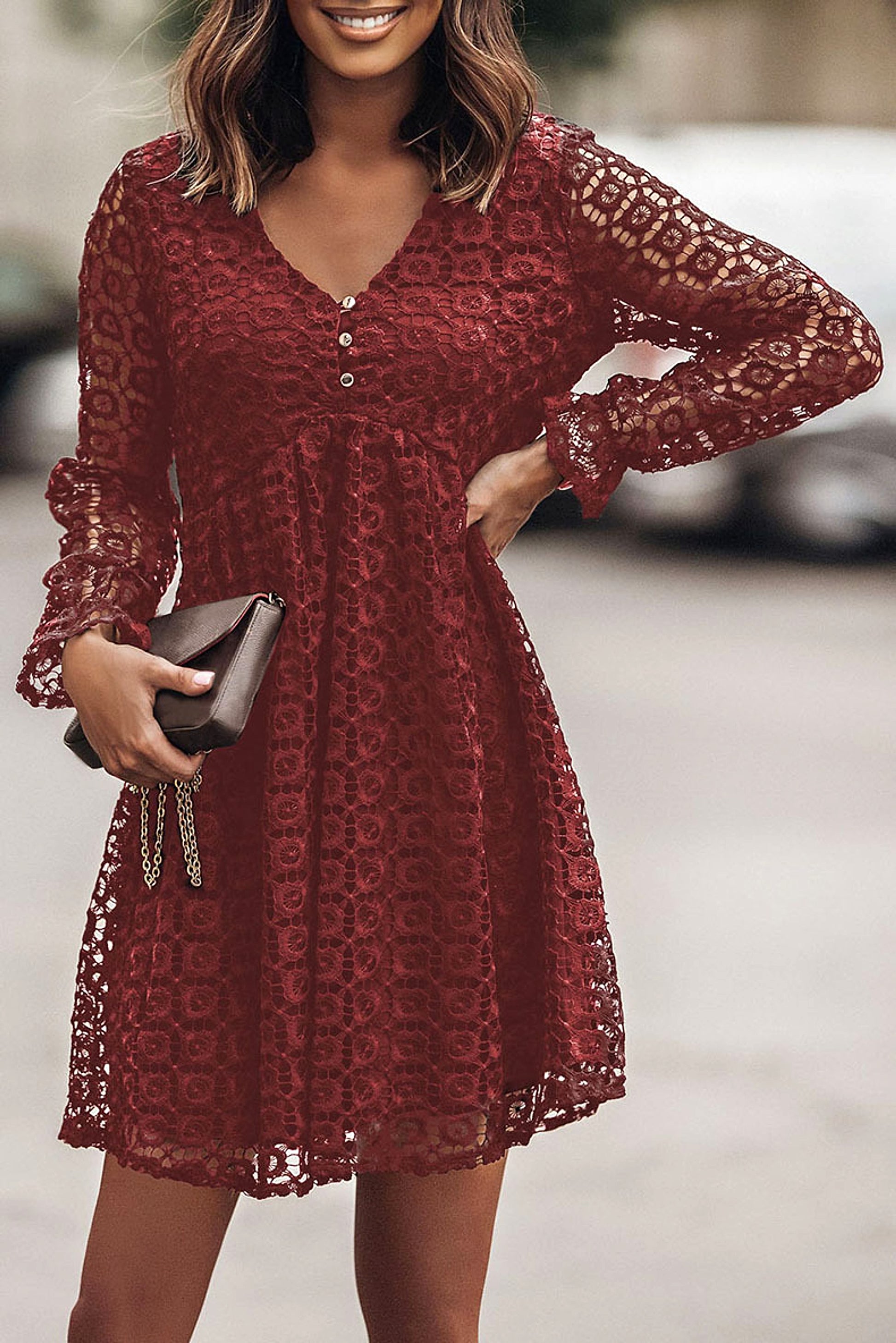 A. Lace Stitching Long Sleeve Dress Women - enhanced image 14