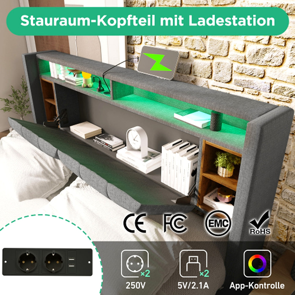 LuneluX_Home – Solid Wood Storage Bed with USB Charging Ports & LED Light (160×200 cm, Gray) - enhanced image 14