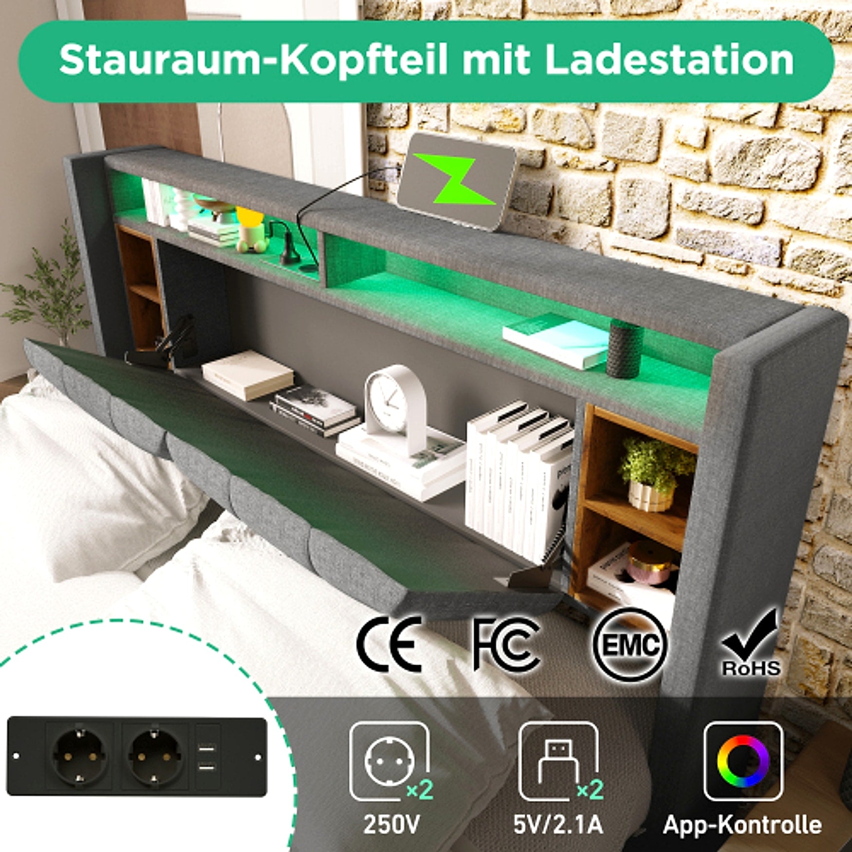 LuneluX_Home – Solid Wood Storage Bed with USB Charging Ports & LED Light (160×200 cm, Gray) - enhanced image 14