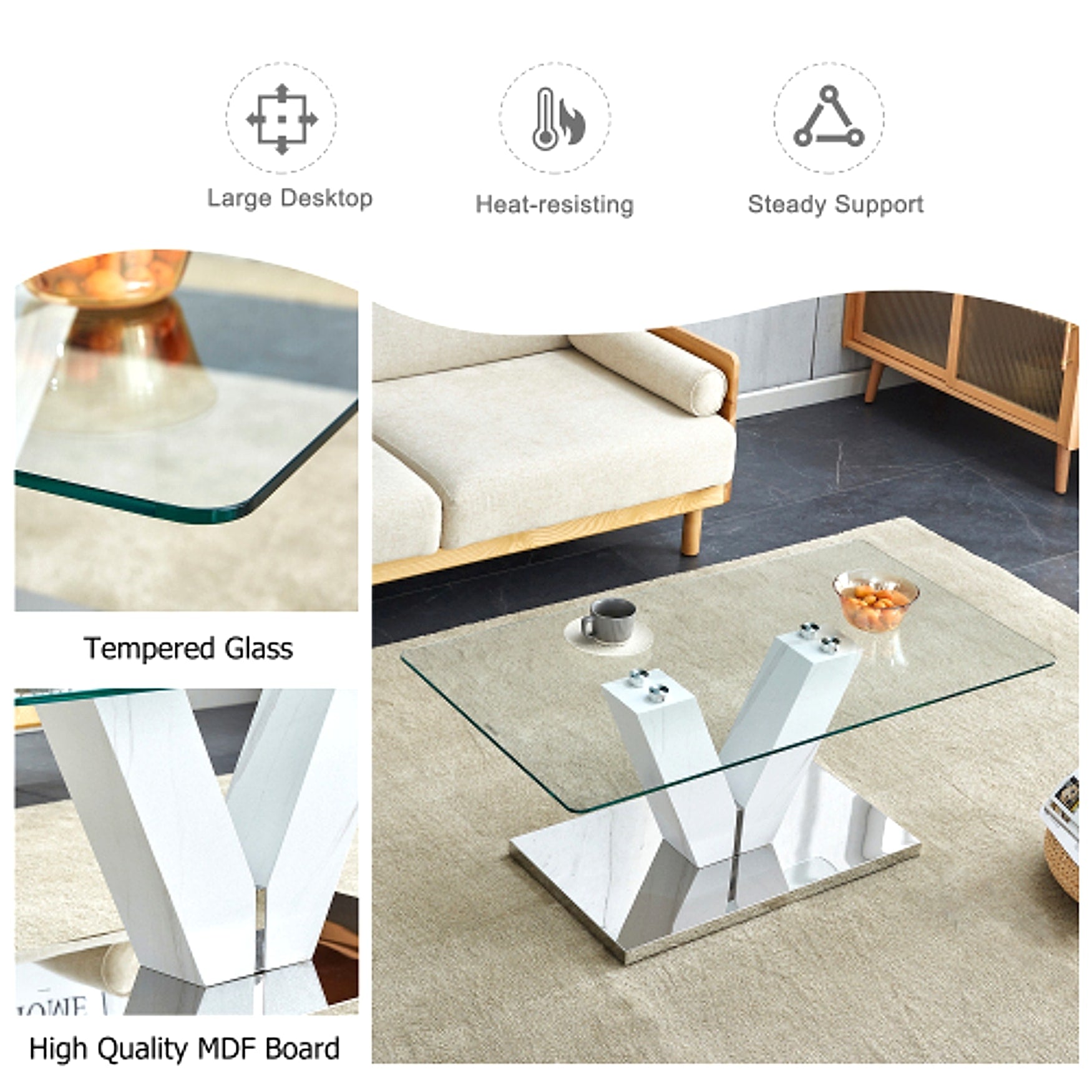 LuxeGlass™ – Modern Minimalist Coffee Table with Tempered Glass Top & Silver Pillars (US Warehouse) - enhanced image 14