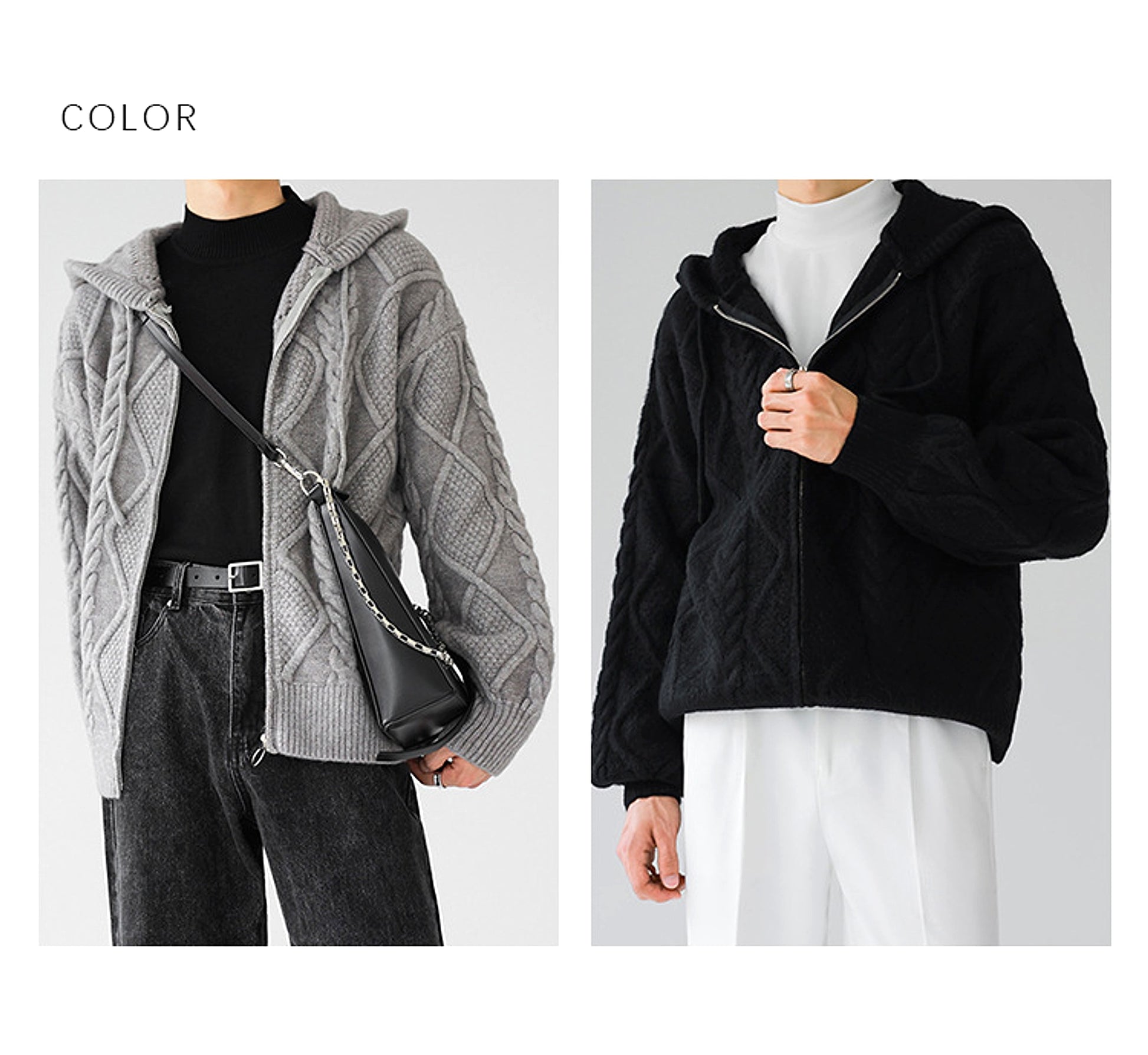 Men's Zipper Hooded Solid Color Loose Rhombus Plaid Coat - enhanced image 14