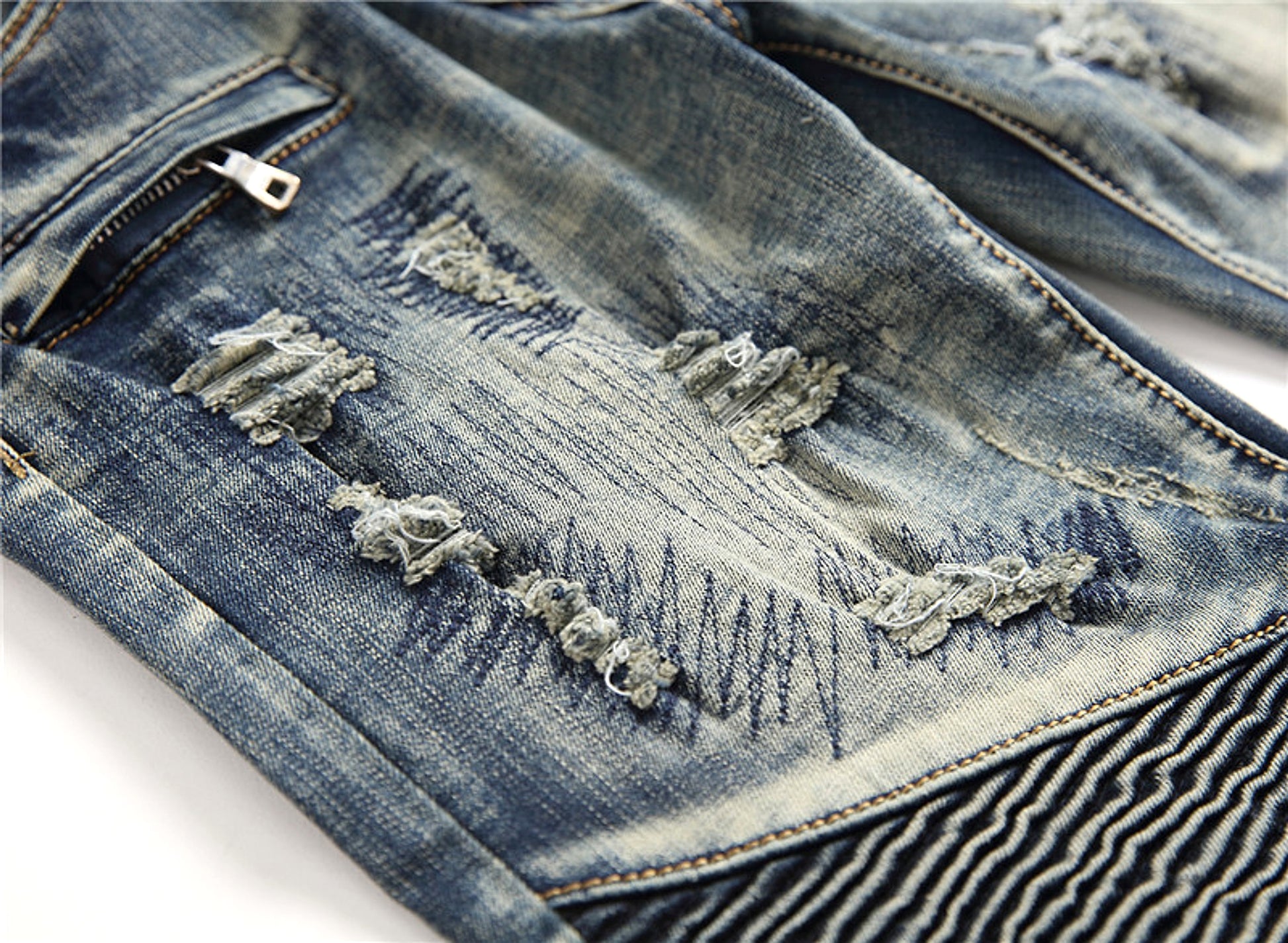 Retro Crumpled Hole Patch Elastic Straight Skinny Jeans - enhanced image 14