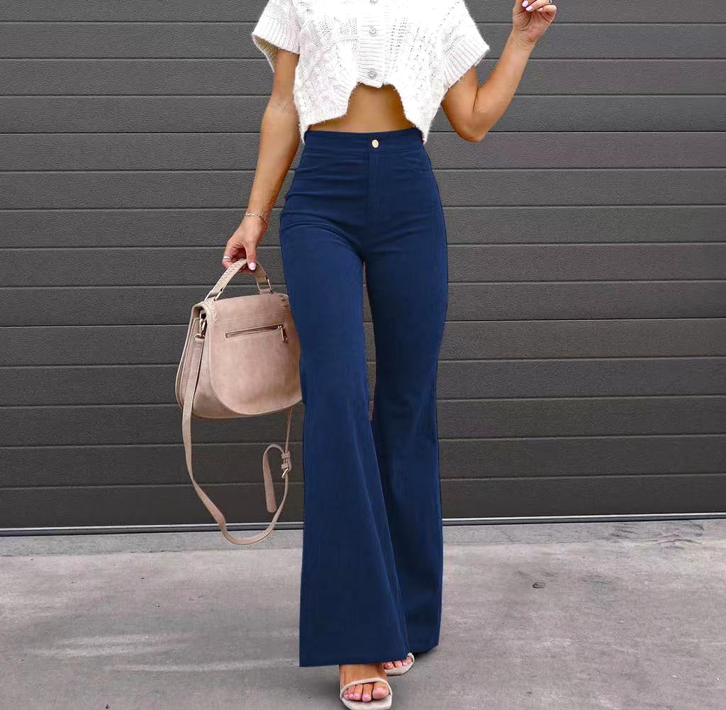 Solid Color Mid-waist Slim-fit Micro Flared Pants Corduroy - enhanced image 14