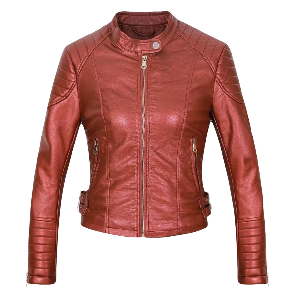 Standing Collar Motorcycle Pu Slim Leather Jacket Women Short - enhanced image 14