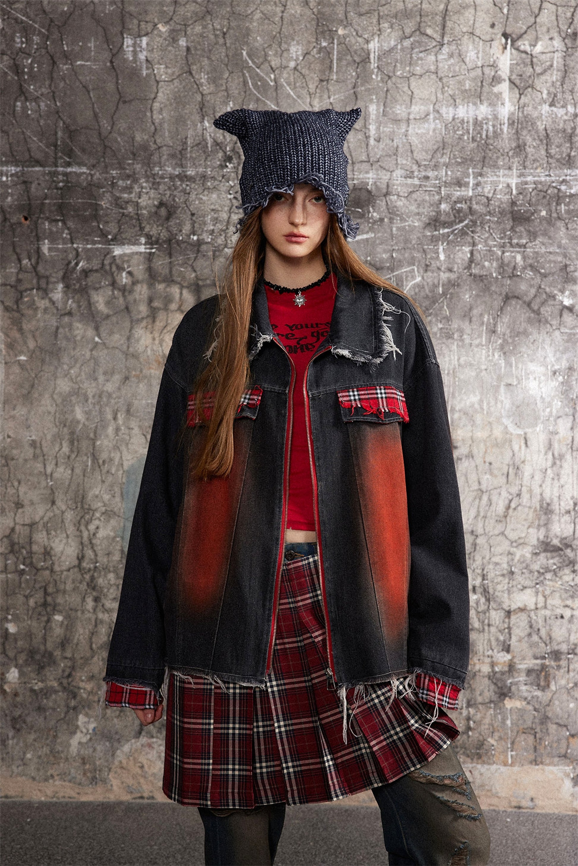A1. Color Matching Cat Raw-cut Edges Washed And Worn Loose Lapels Coat Fashion - enhanced image 15