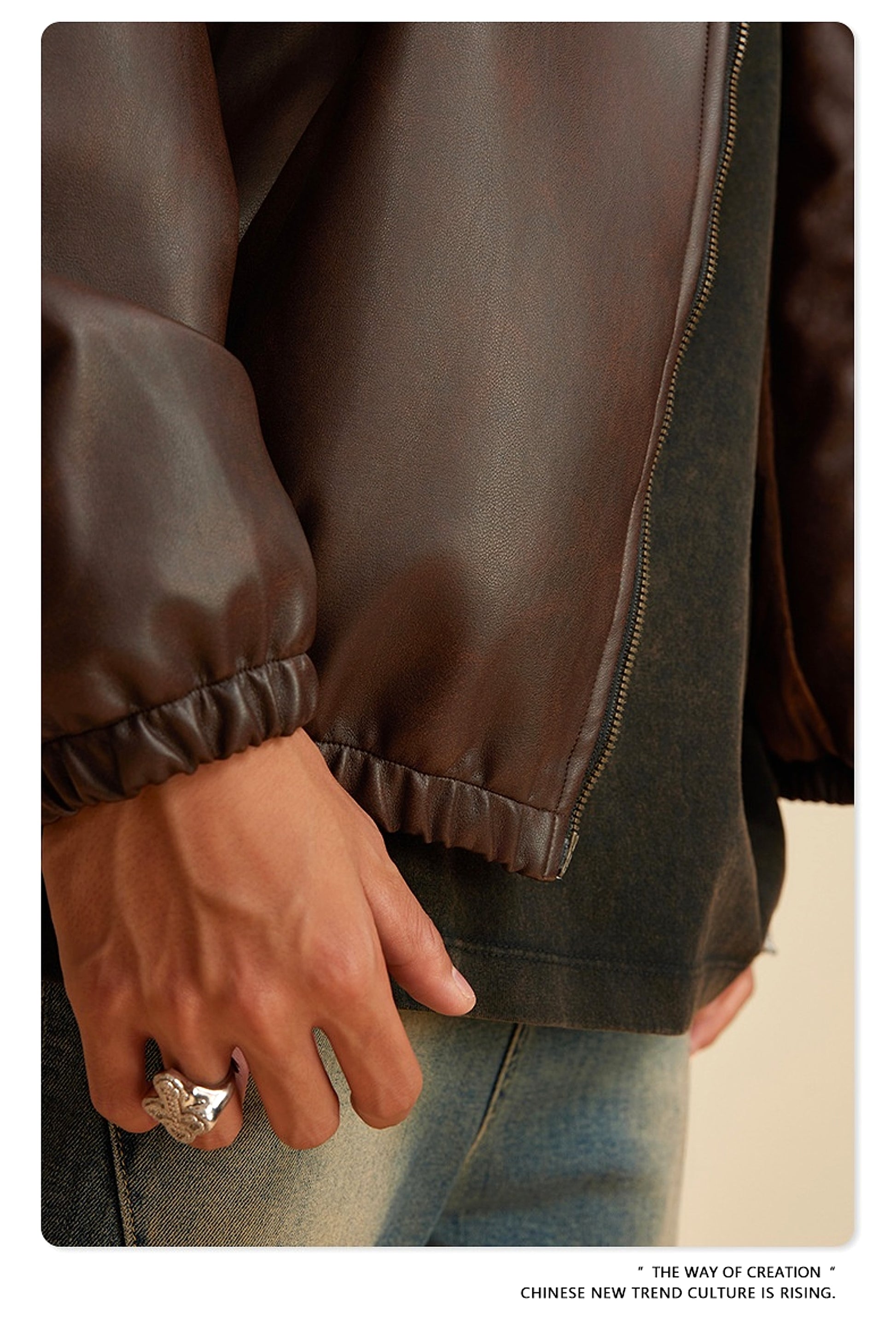 Heavy American Retro Fashion Brand Leather Coat Jacket Ment - enhanced image 15