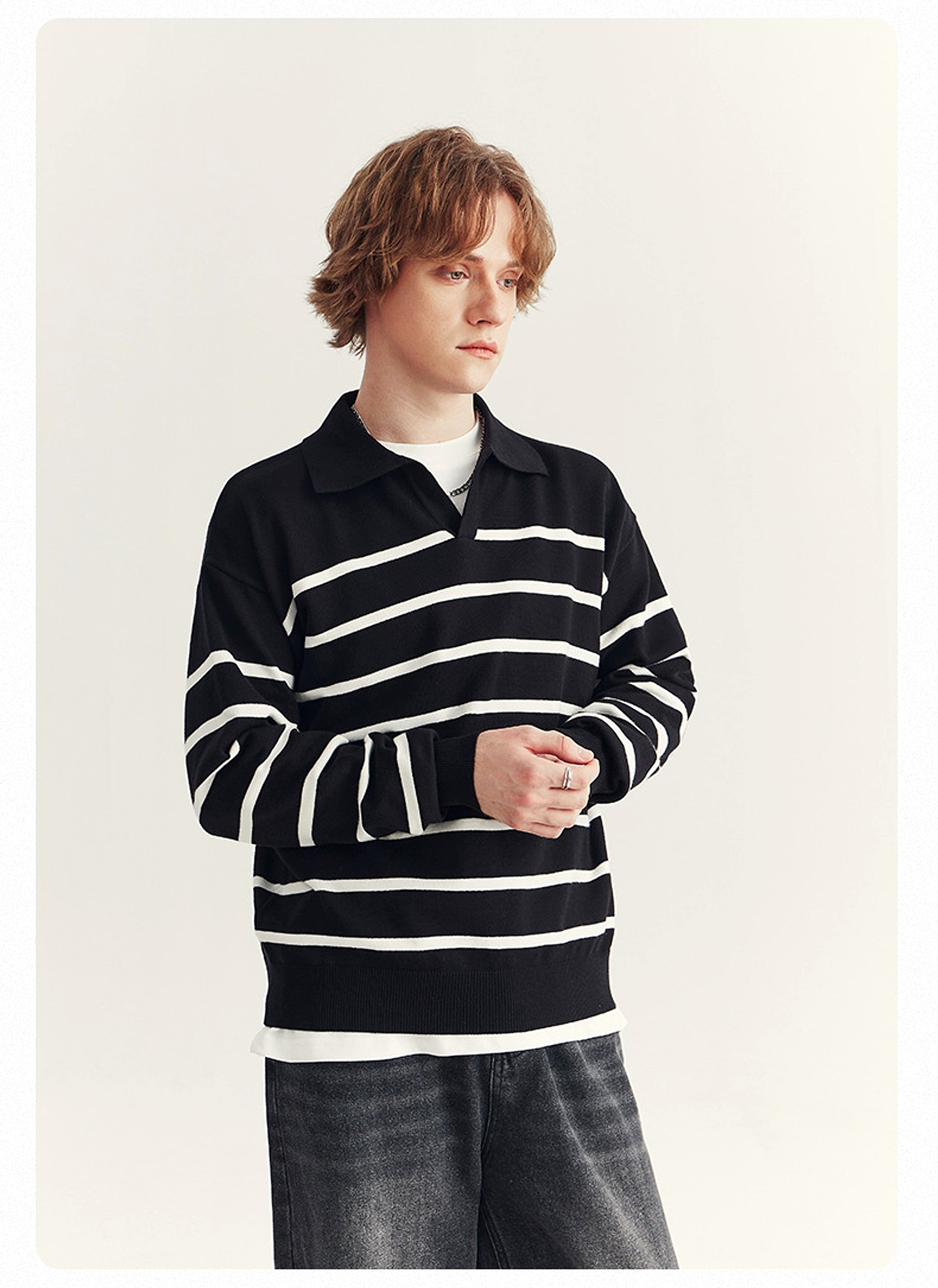 High-grade Loose Contrast Color Striped Sweater Long Sleeve Inner Wear Sweater For Men - enhanced image 15
