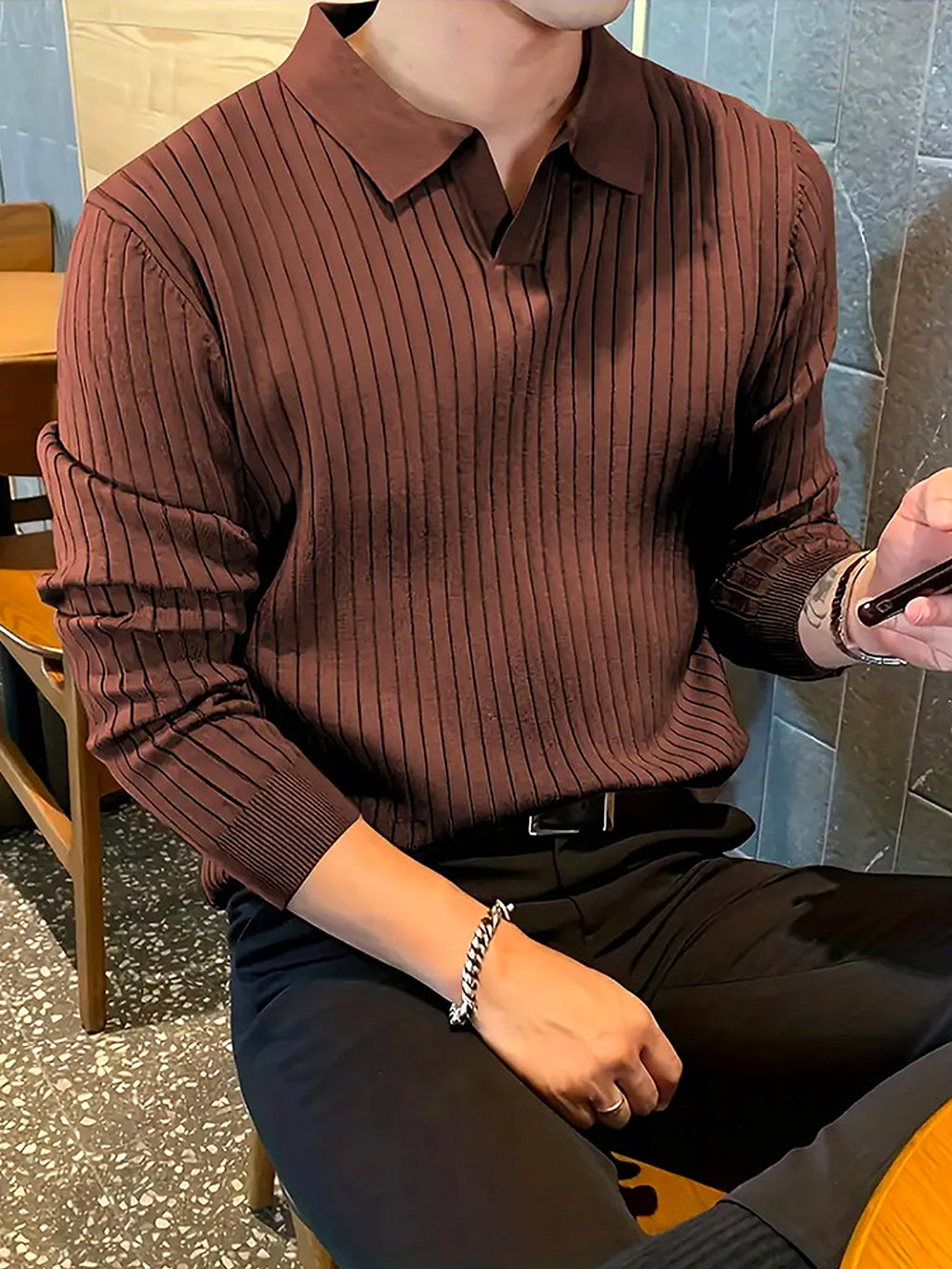 Lapel Texture Stretch Slim Knit Polo T-Shirt Men - enhanced image 15