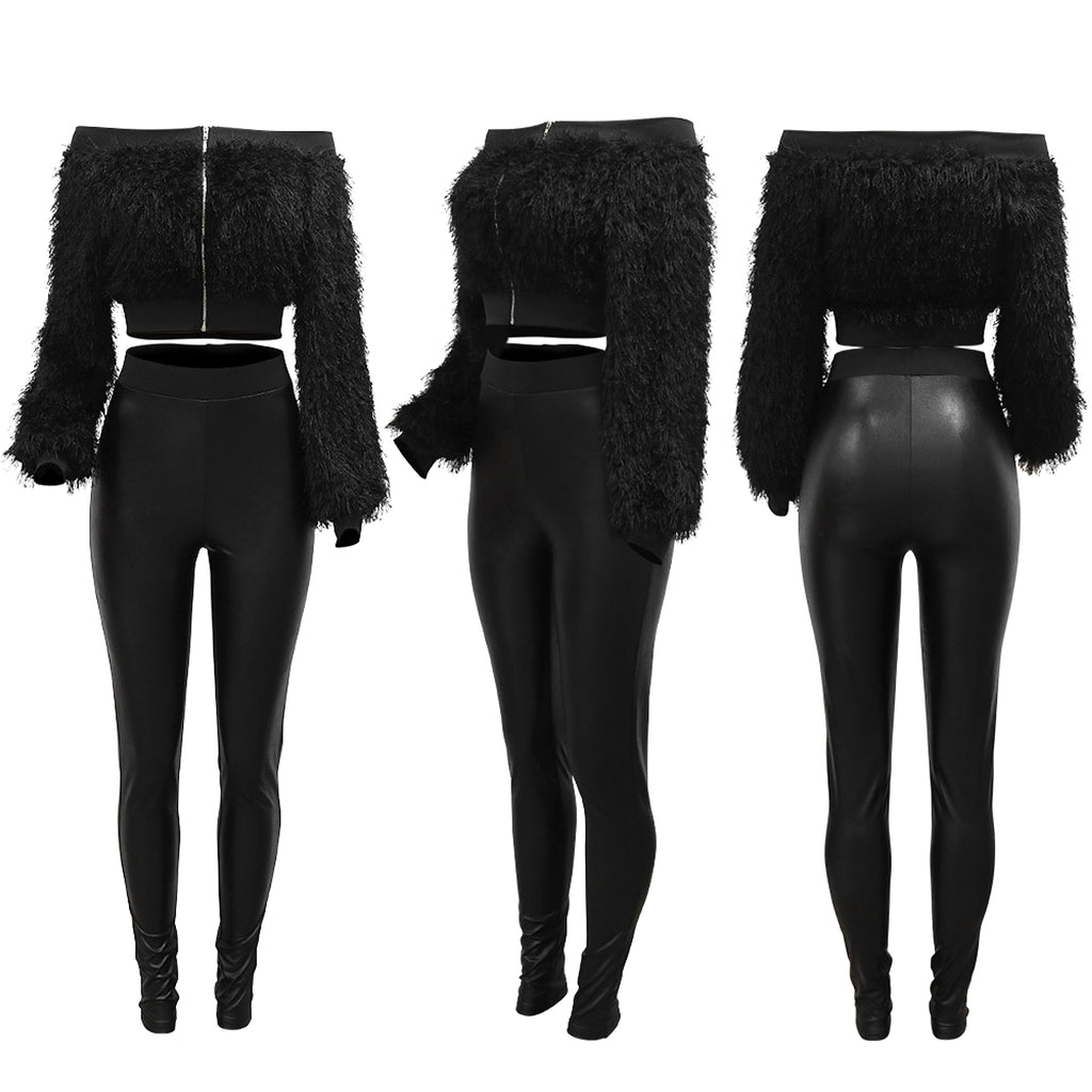 Long Sleeve Furry Short Top With Slim Trousers Two-piece Set For Women - enhanced image 15
