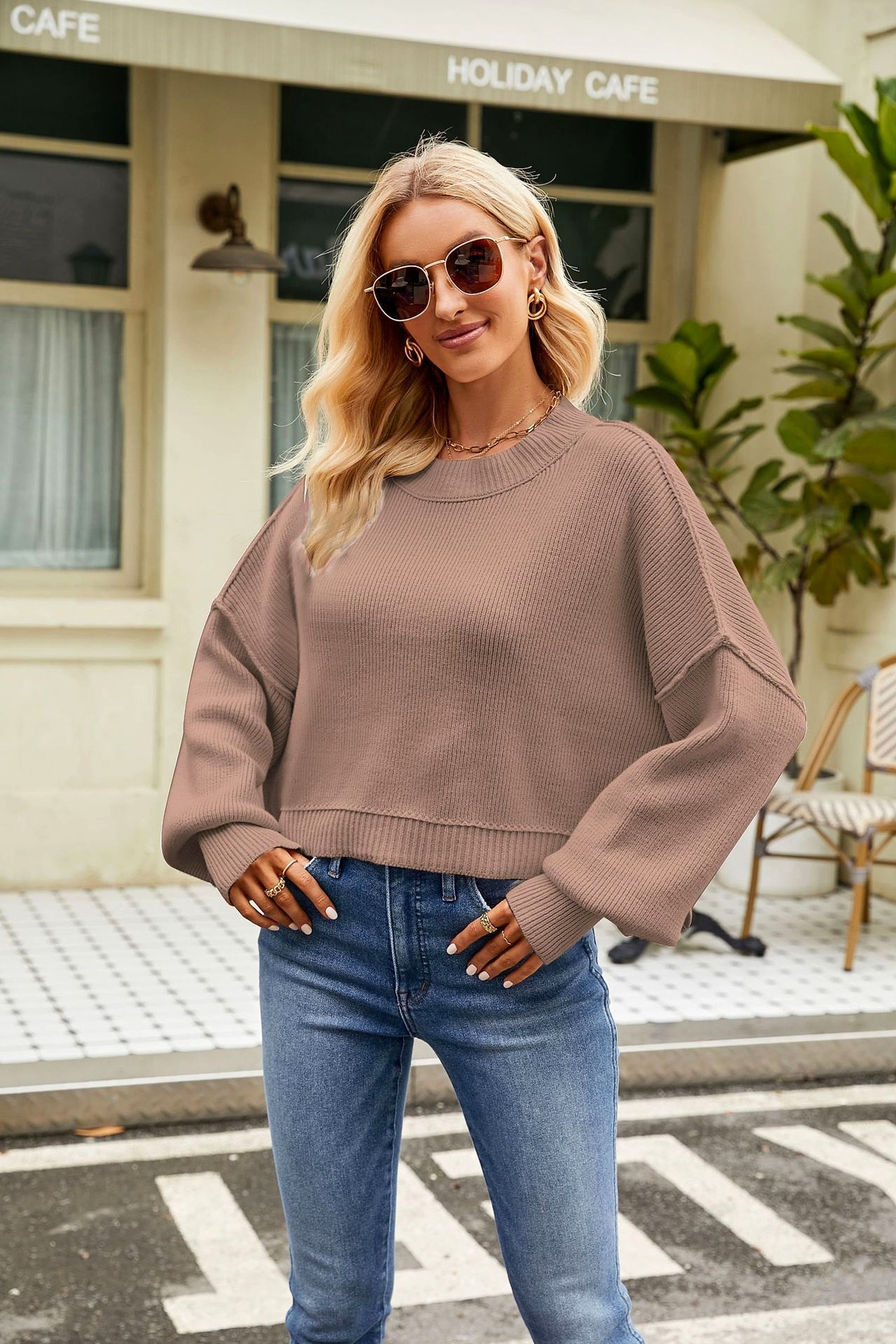 Loose Cropped Pullover Fashion Long Sleeve Round Neck Sweater - enhanced image 15