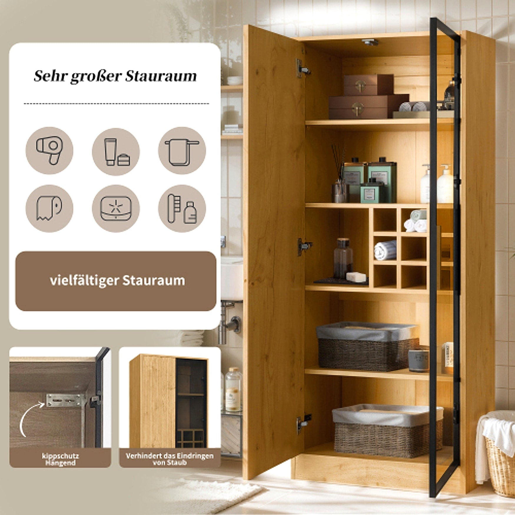 LuneluX_Home – Bathroom Cabinet with Glass Doors, LED Lighting & Wooden Finish (160 cm) - enhanced image 15